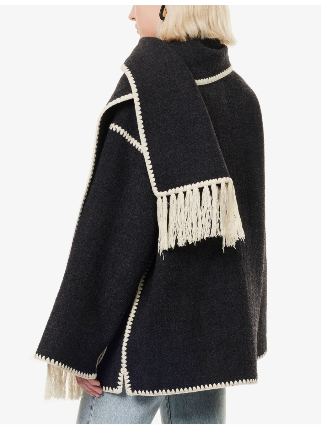 Embroidered-Trim Scarf Wool-Blend Jacket - 4