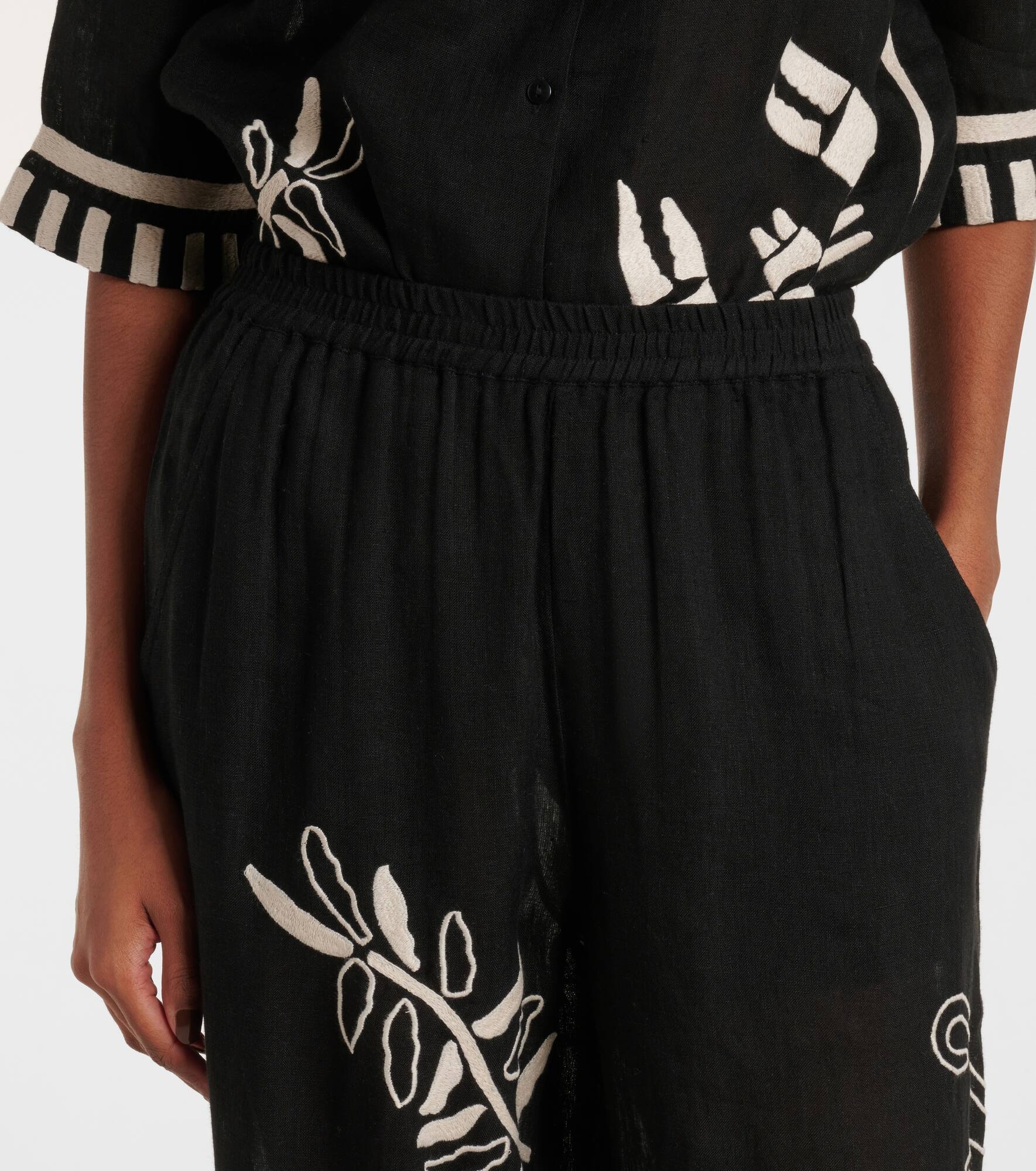 Octopus embroidered linen wide-leg pants - 4