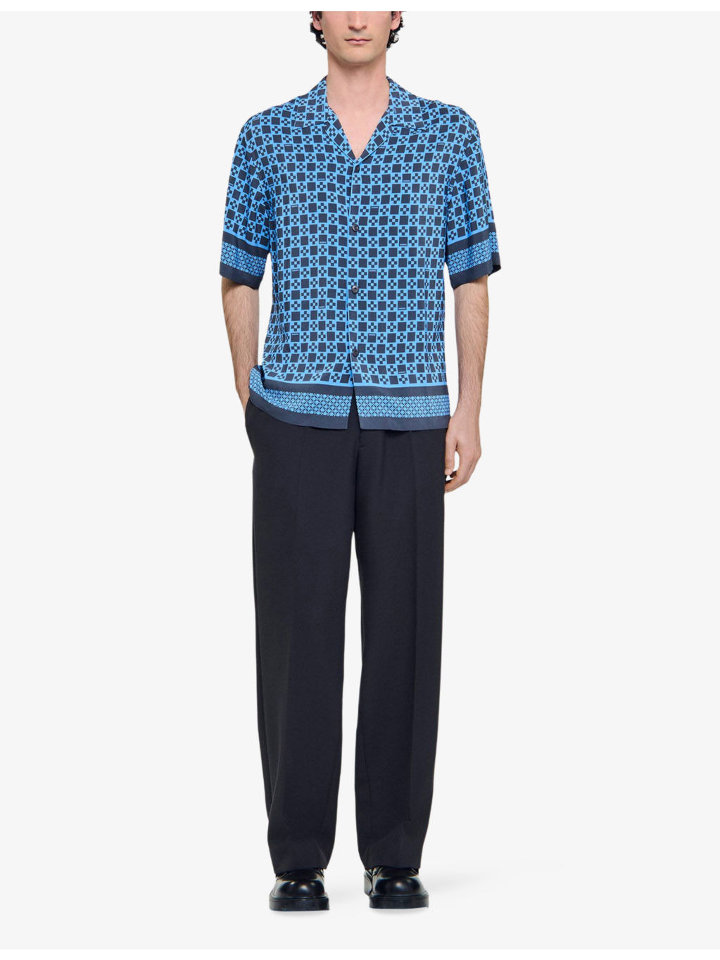 Square Cross-Print Short-Sleeve Satin Shirt - 2