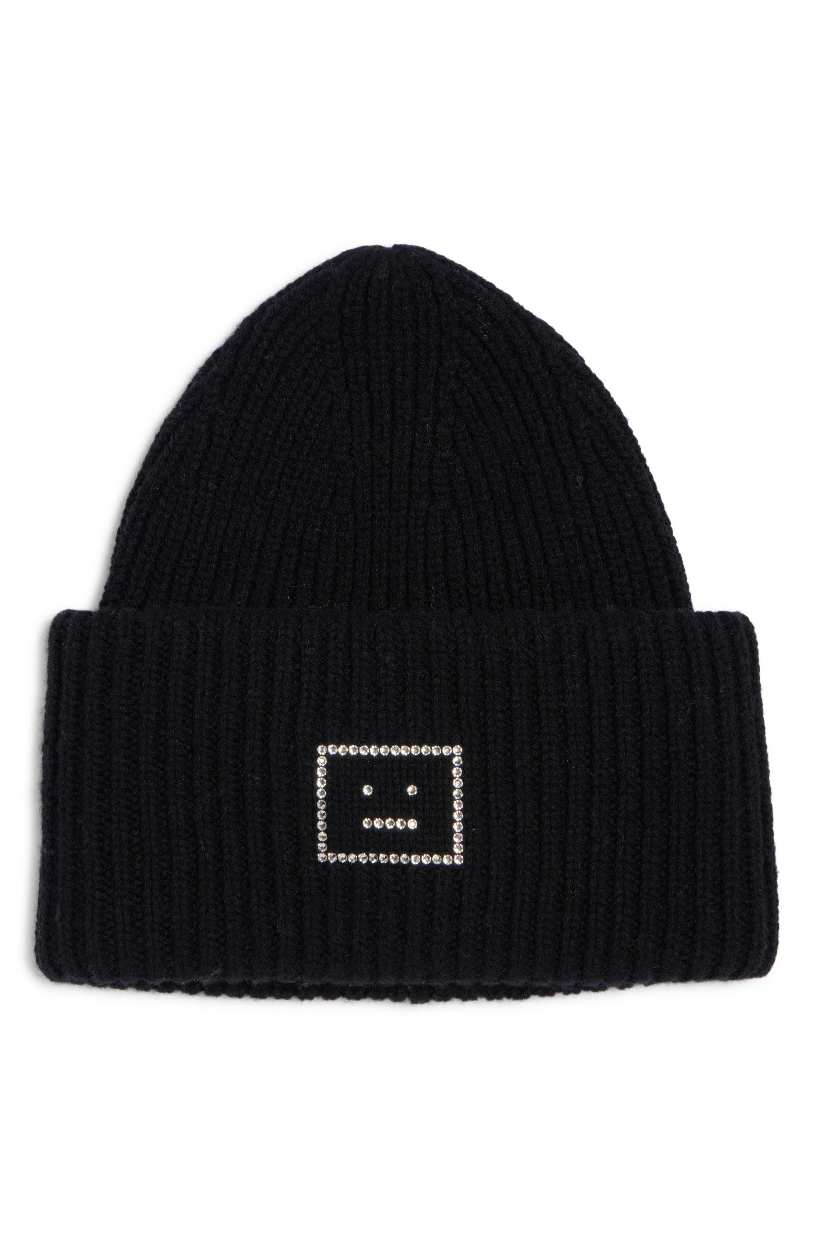 Acne Studios Pansy Crystal Face Wool Rib Beanie in Black at Nordstrom - 1