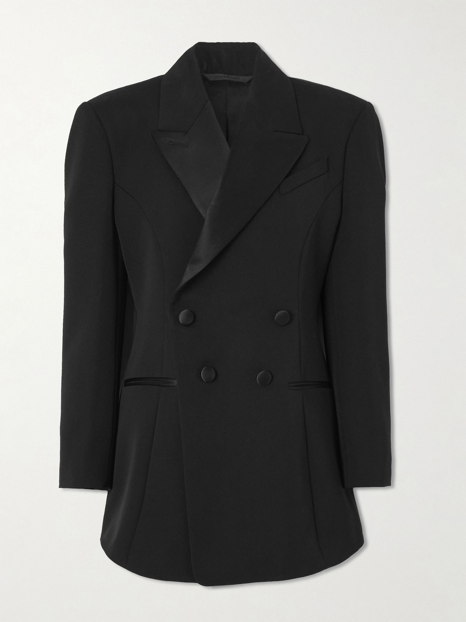 Double-breasted silk-blend satin-trimmed wool-twill blazer Black - 1