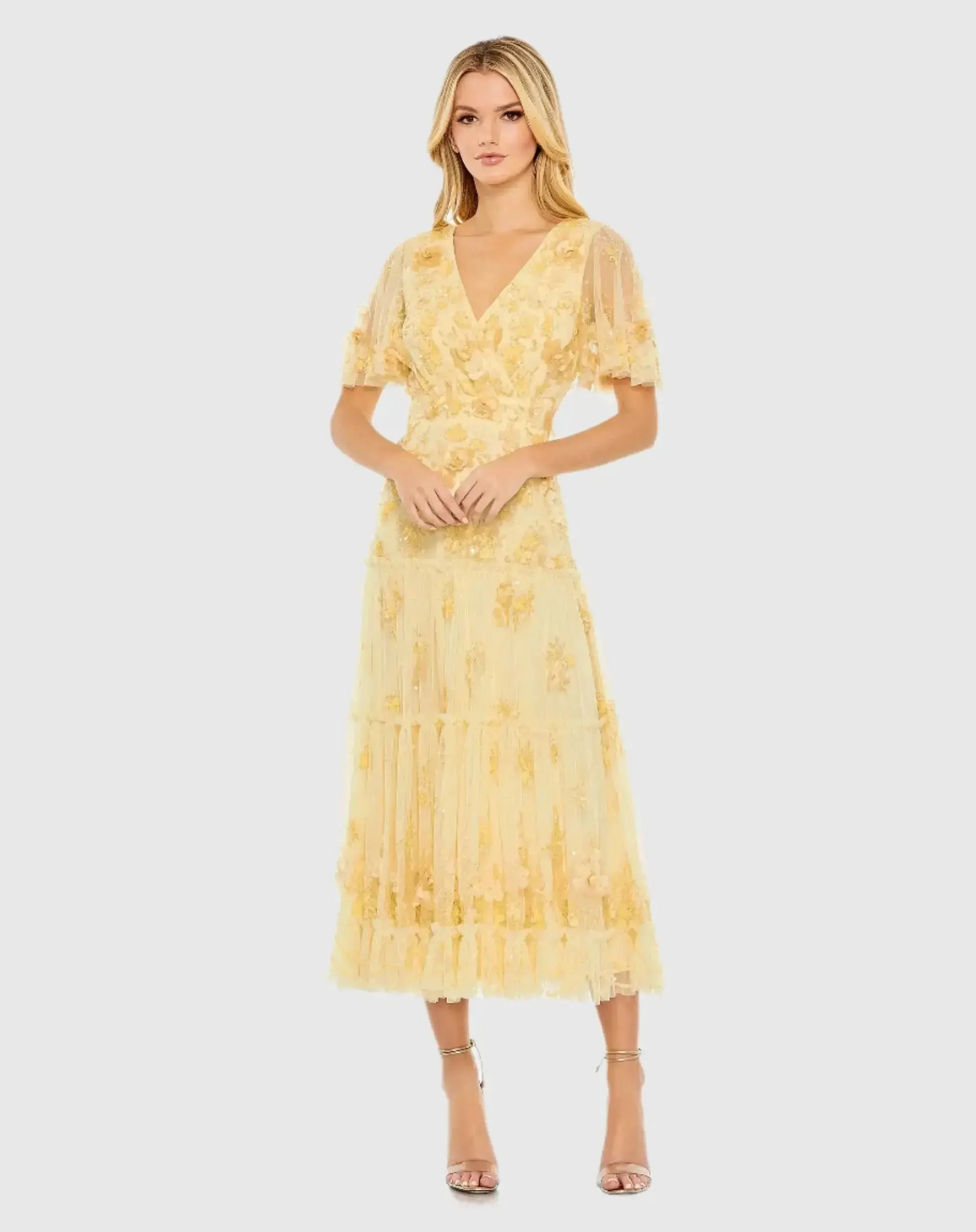 Yellow Floral Embellished Flutter Sleeve Dress - 1