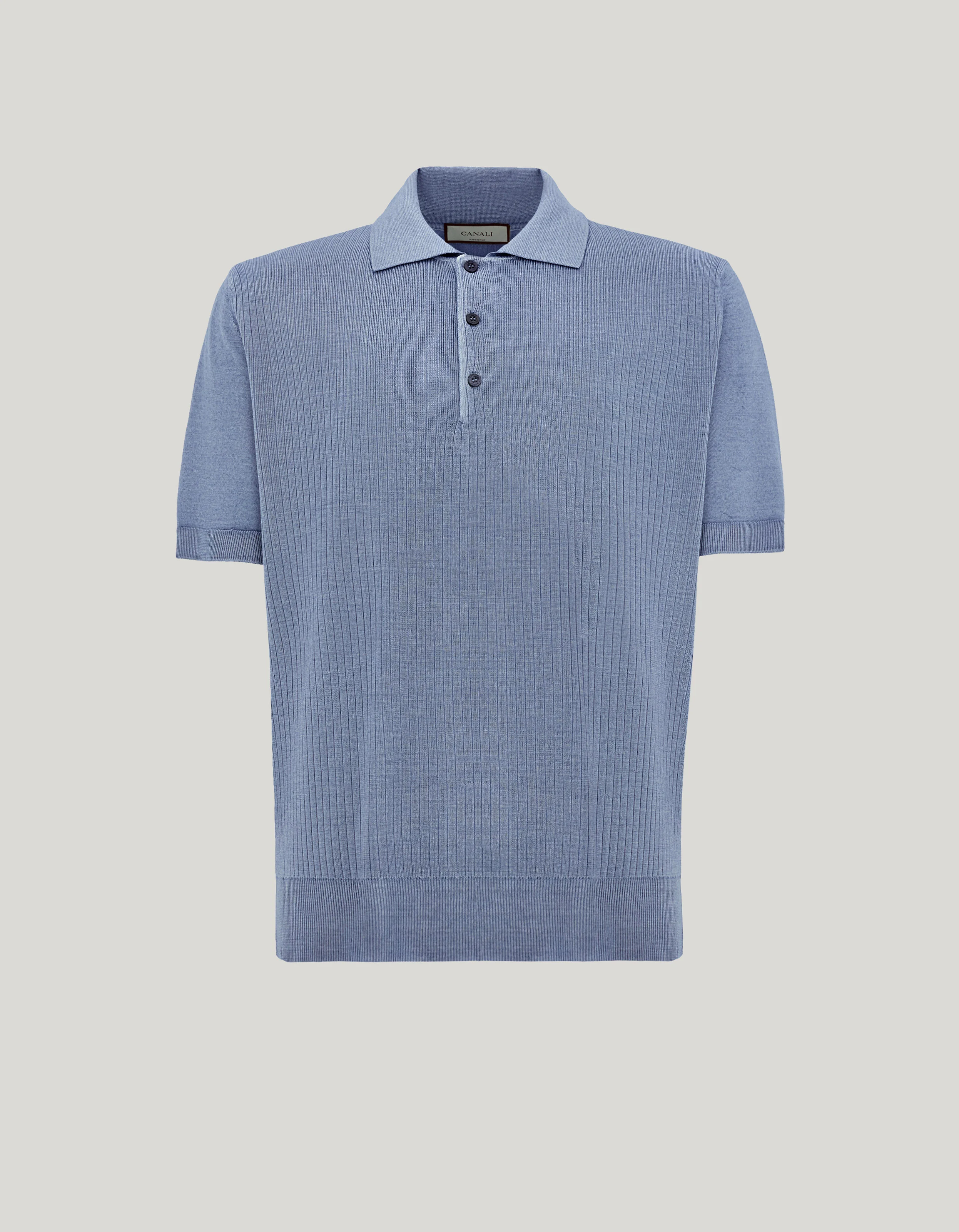AIR FORCE BLUE WOOL AND SILK FLAT-RIB POLO SHIRT - 1
