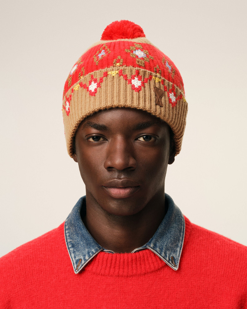 AMI Paris BROWN WOOL CROSS STITCH BEANNIE outlook