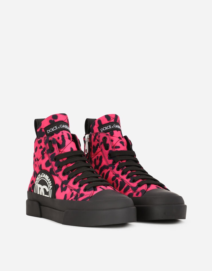 Quilted nylon Portofino Light mid-top sneakers with leopard print over fuchsia base - 2