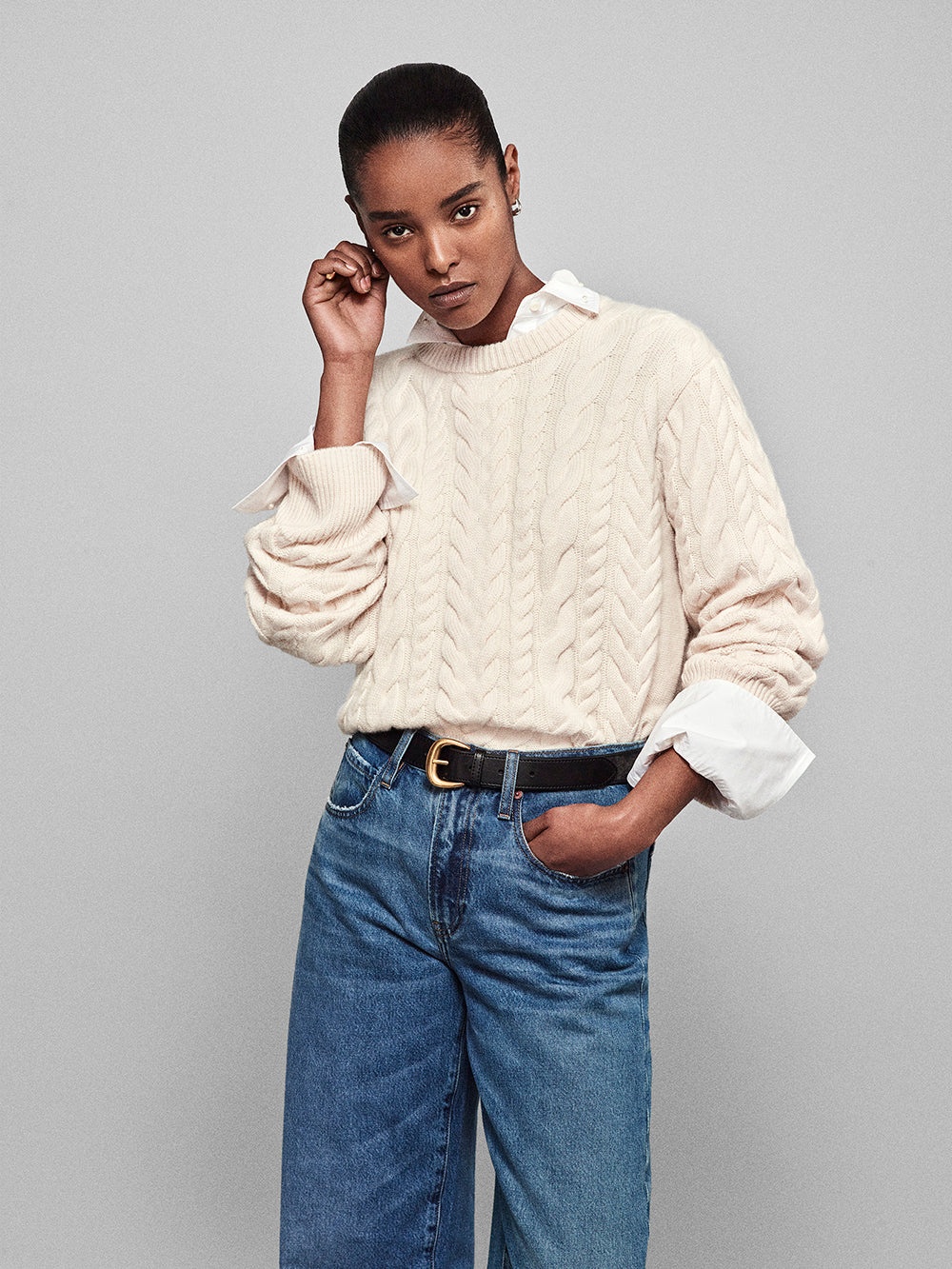Oversized Cable Knit Sweater in Cream - 2