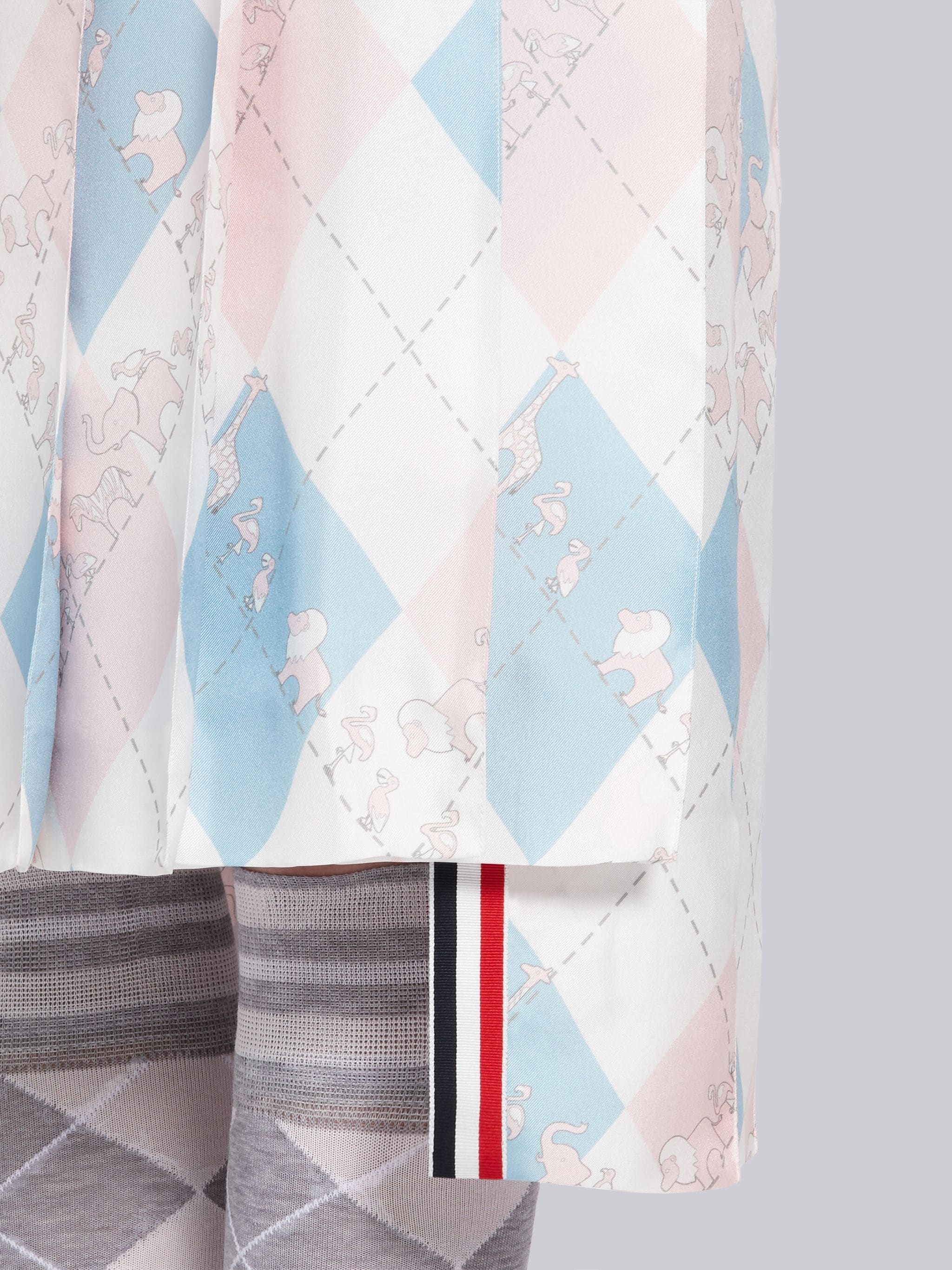 Light Blue and Pink Argyle Print Animal Icon Silk Pleated Skirt - 5