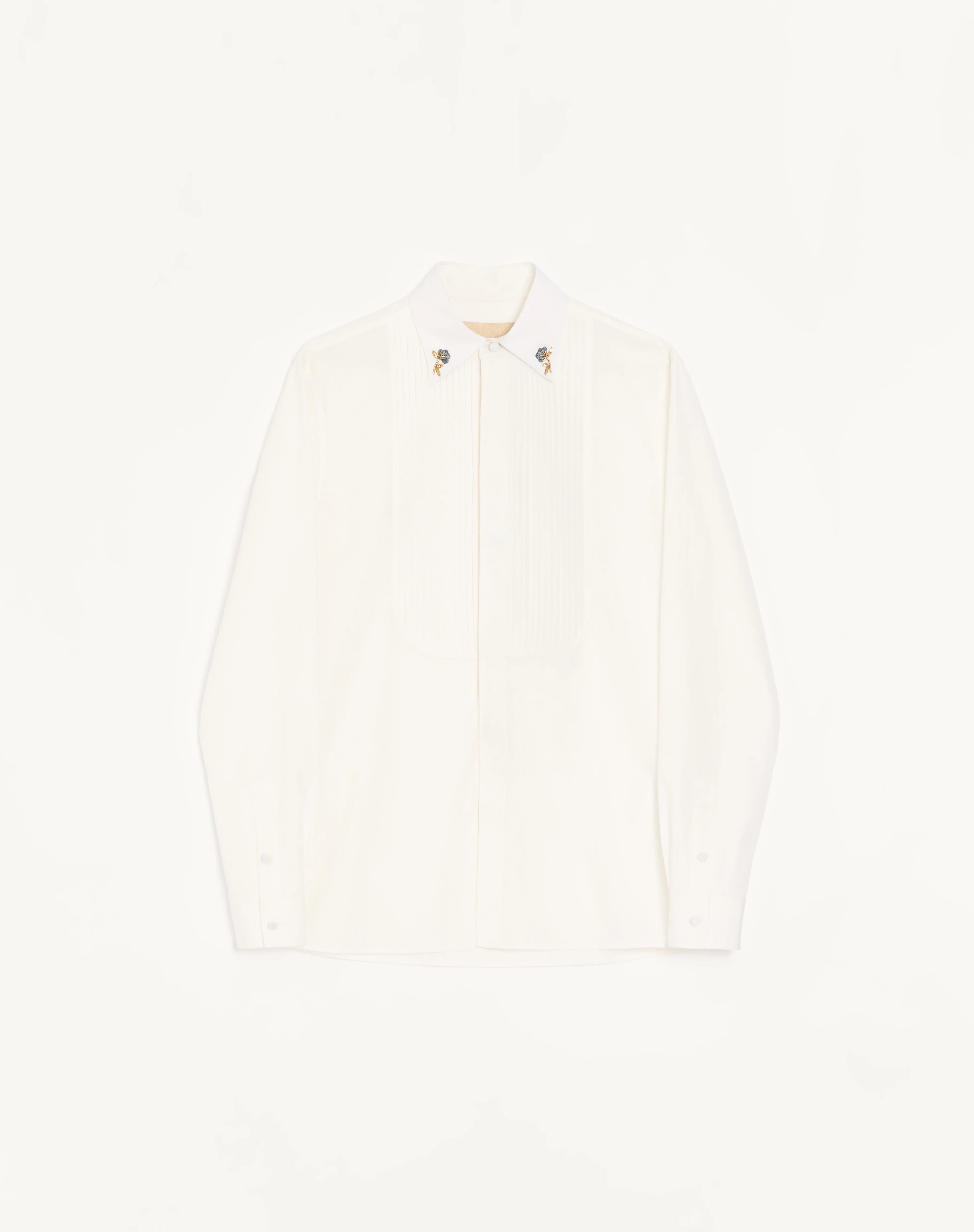 VALENTINO COTTON POPLIN SHIRT WITH PLEATED PLASTRON AND EMBROIDERY ON THE COLLAR - 1