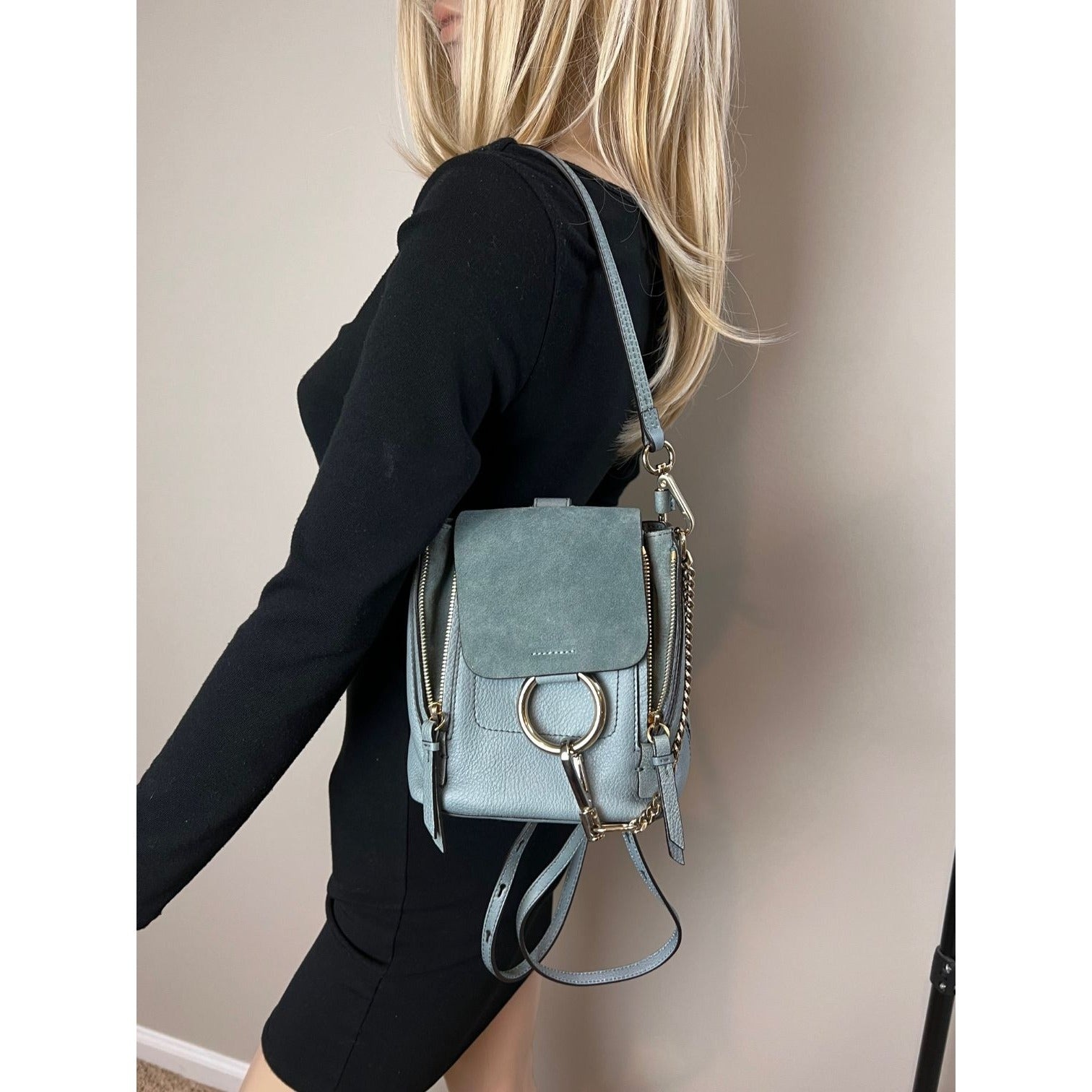 Chloe Blue Faye Mini Suede and Leather Backpack Bag - 7