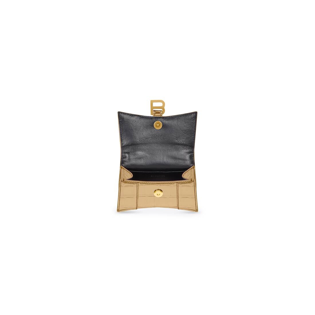Women's Hourglass Mini Handbag With Chain Metallized Crocodile Embossed in Gold - 5