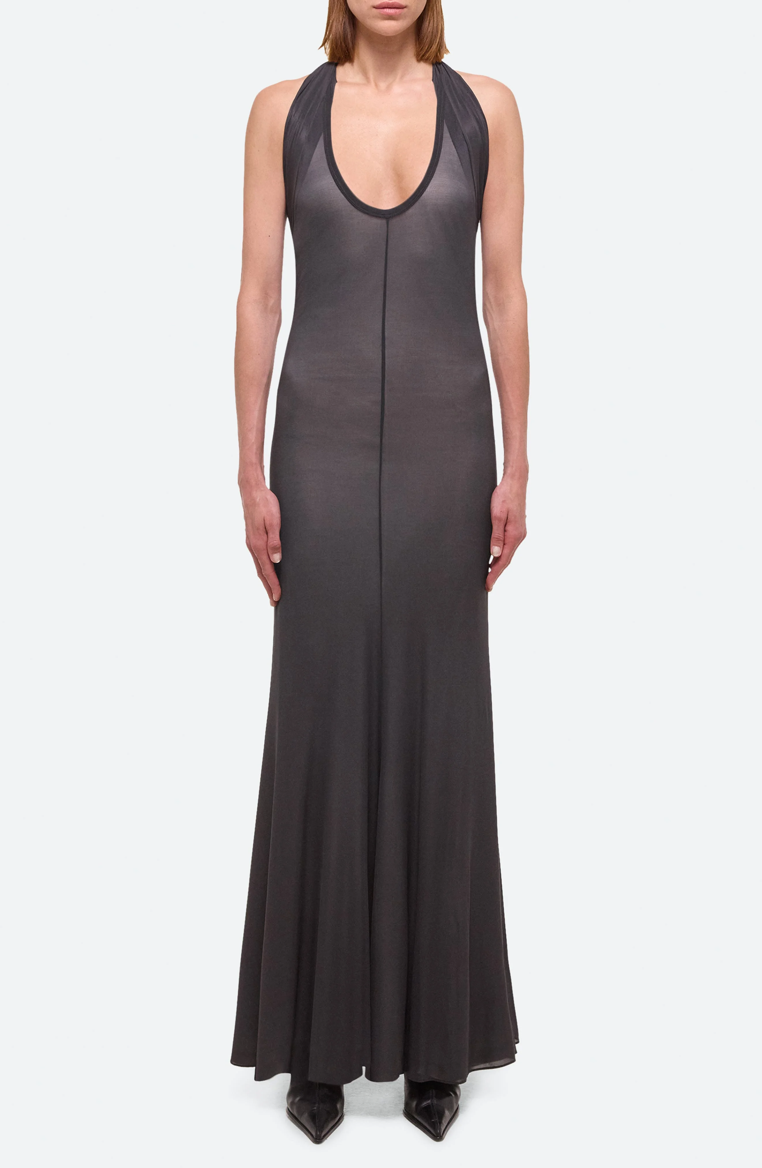 Helmut Lang Dancer Plunge Neck Halter Maxi Dress in Black Sand - 1
