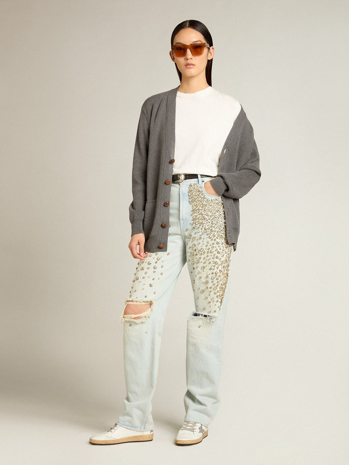 Women's bleached jeans with cabochon crystals - 3