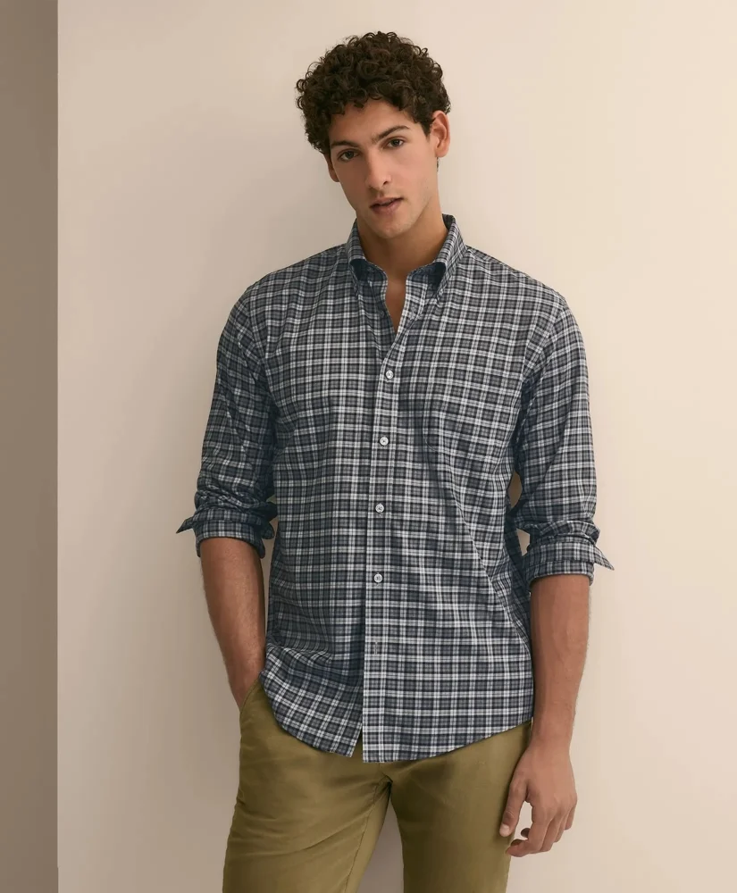 Stretch Cotton Non-Iron Twill Button Down Collar, Plaid Sport Shirt - 1