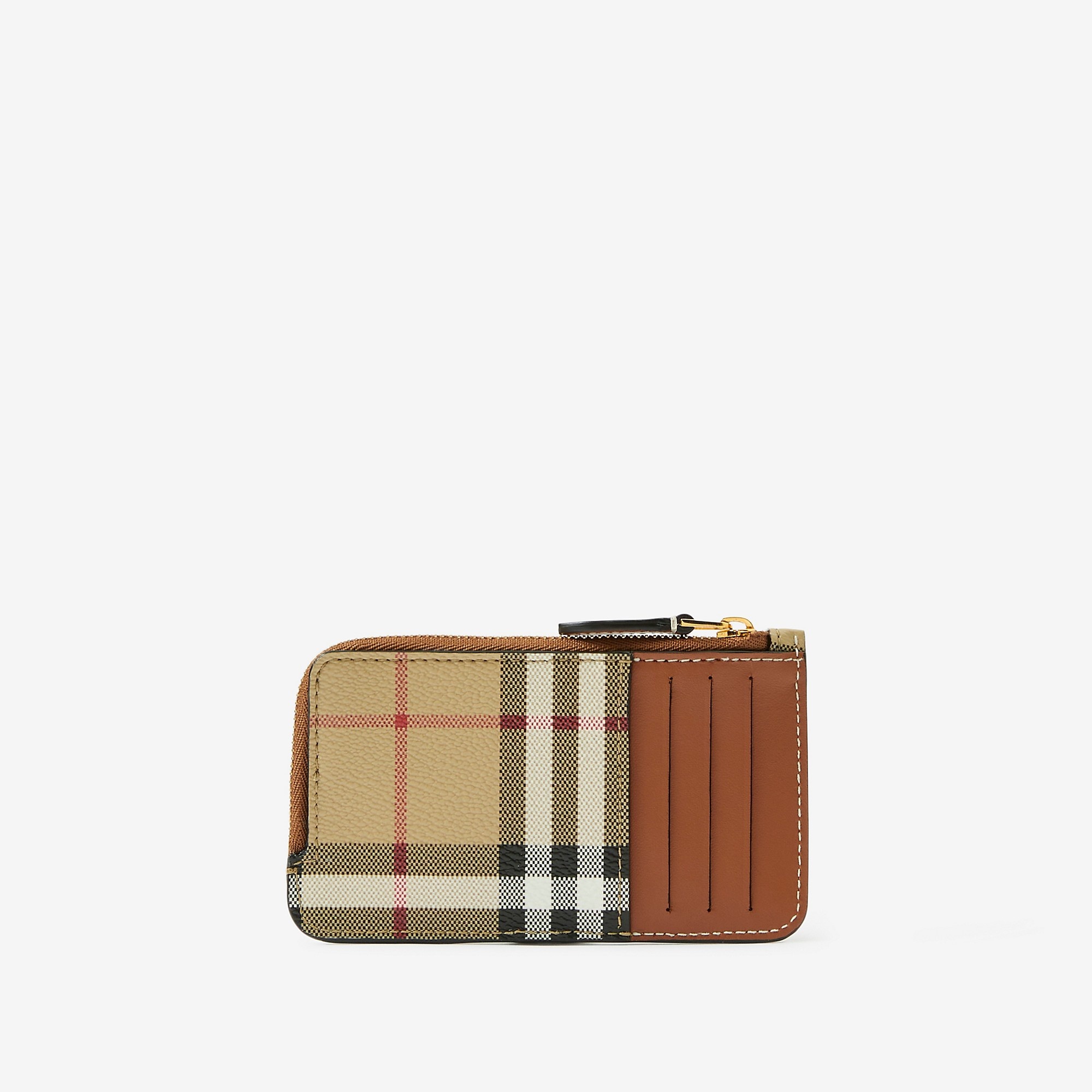 Check and Leather Zip Card Case - 3
