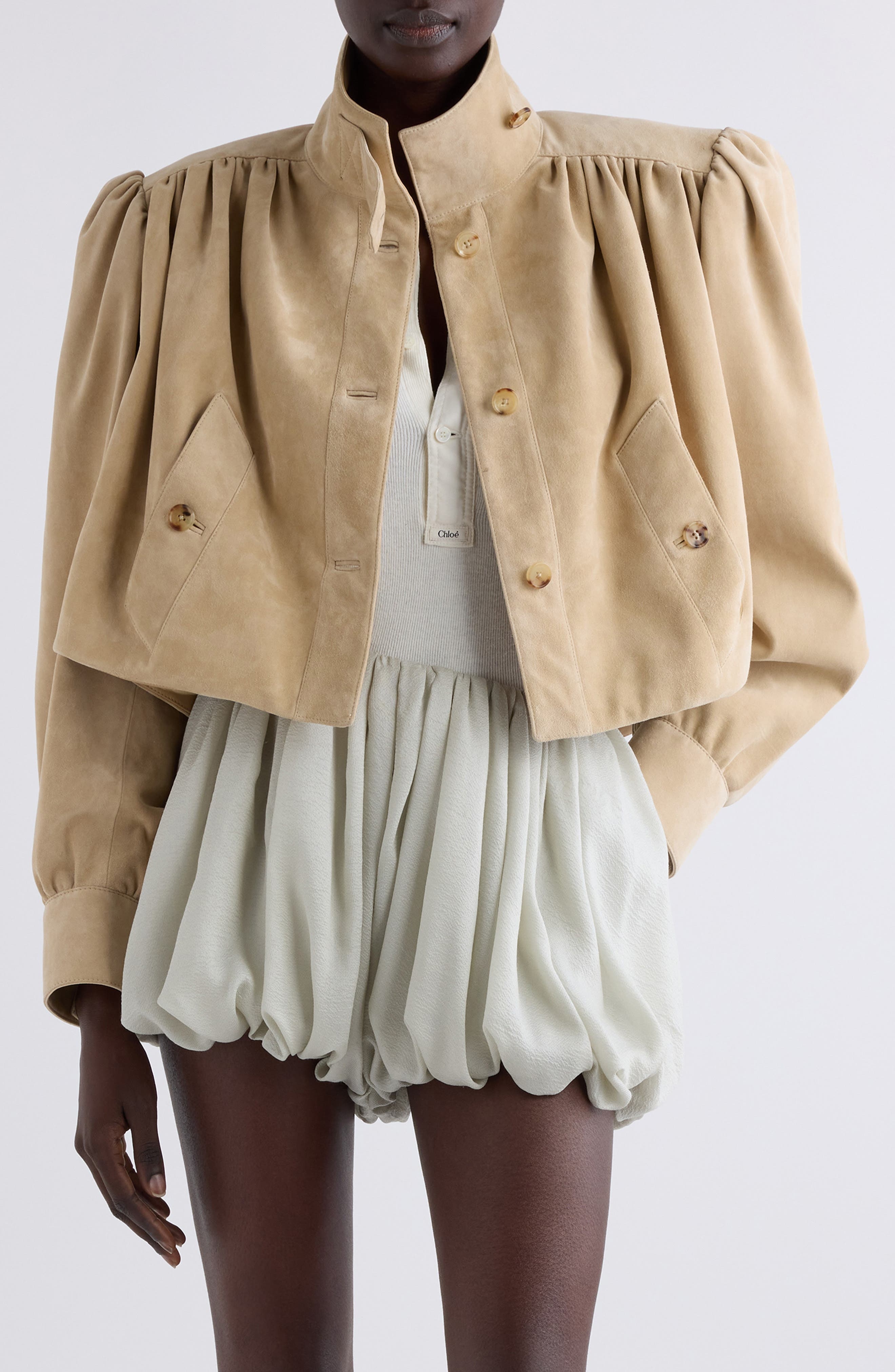 Chloé Puff Shoulder Suede Crop Jacket in Blossom Beige at Nordstrom - 1