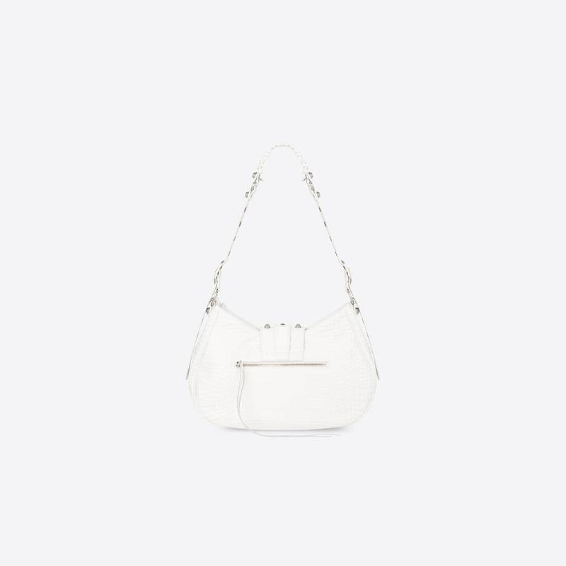 Women's Le Cagole Medium Shoulder Bag Crocodile Embossed in White 4