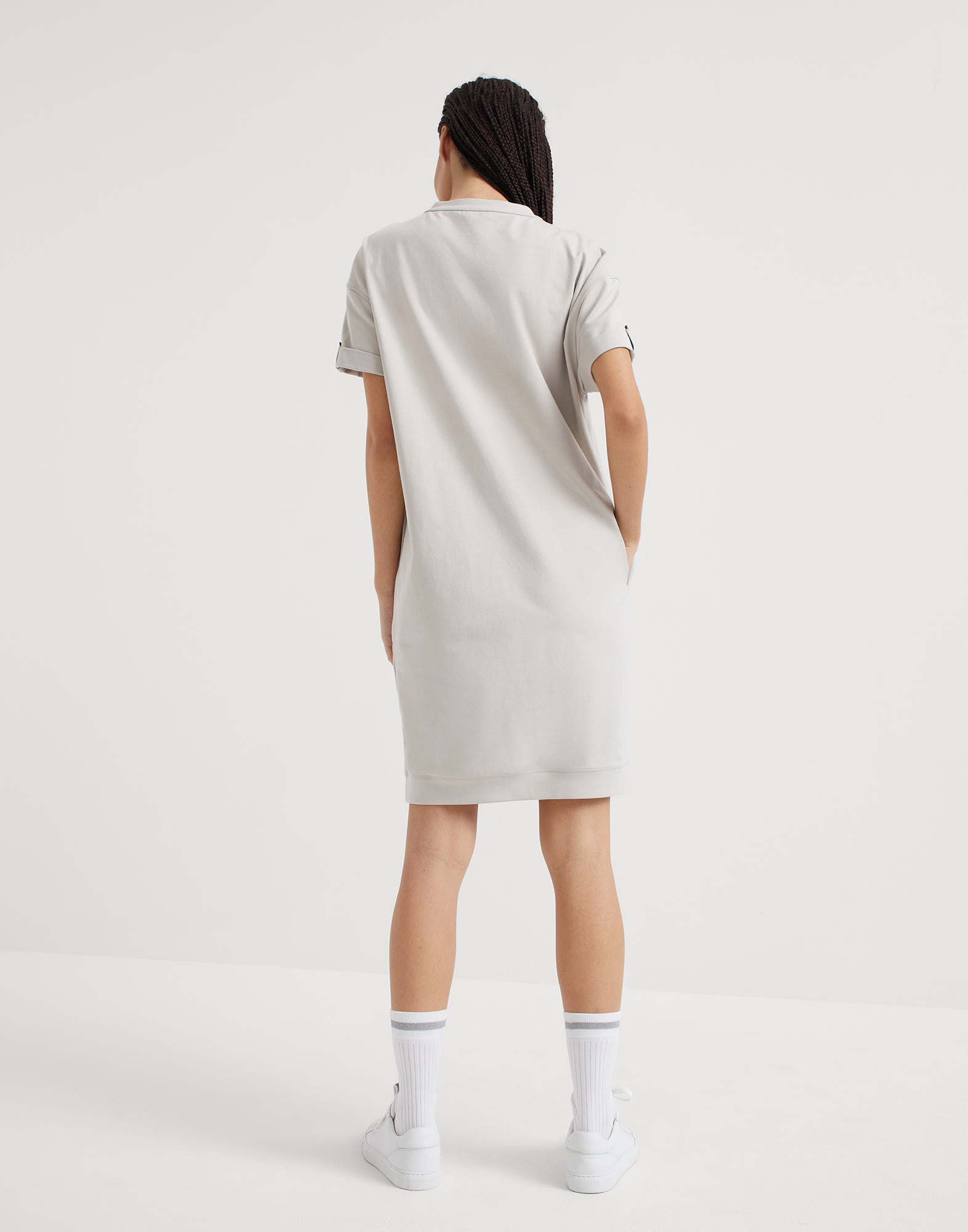 Stretch cotton lightweight French terry dress with shiny cuff detail - 2