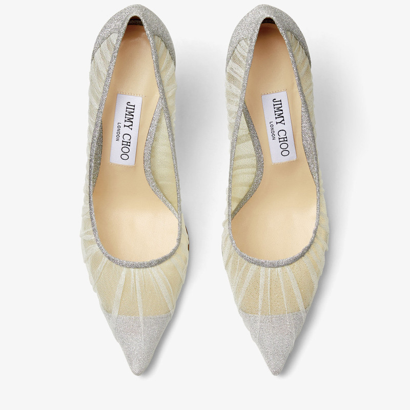 Love 65 Metallic Silver Glitter Fabric Pumps with Ivory Tulle Overlay 5