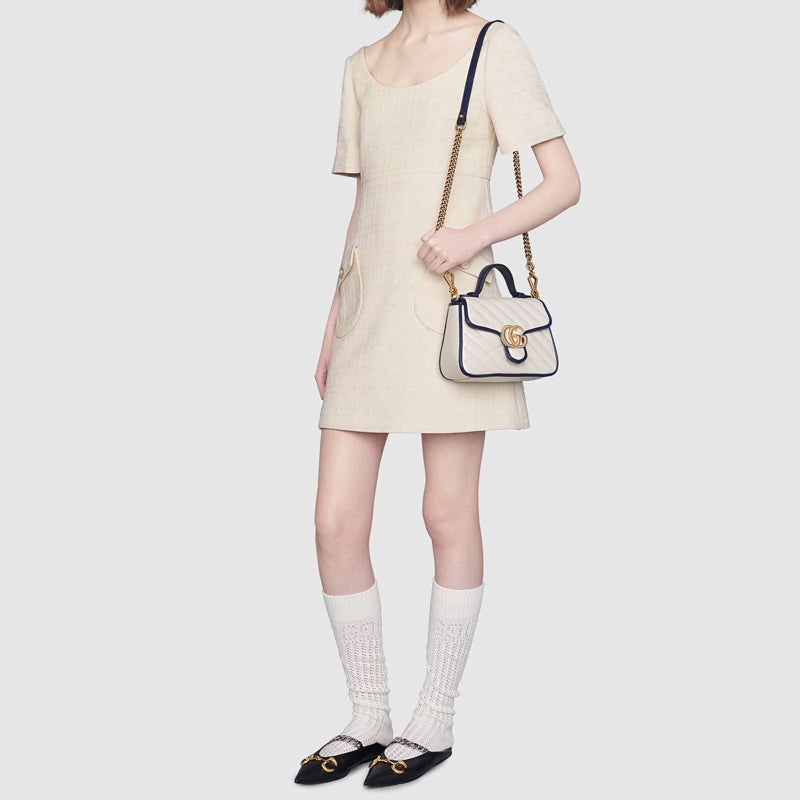 (WMNS) Gucci GG Marmont Gold Logo Colorblock Leather Chain handbag Mini White / Blue Retro 583571-0O - 3