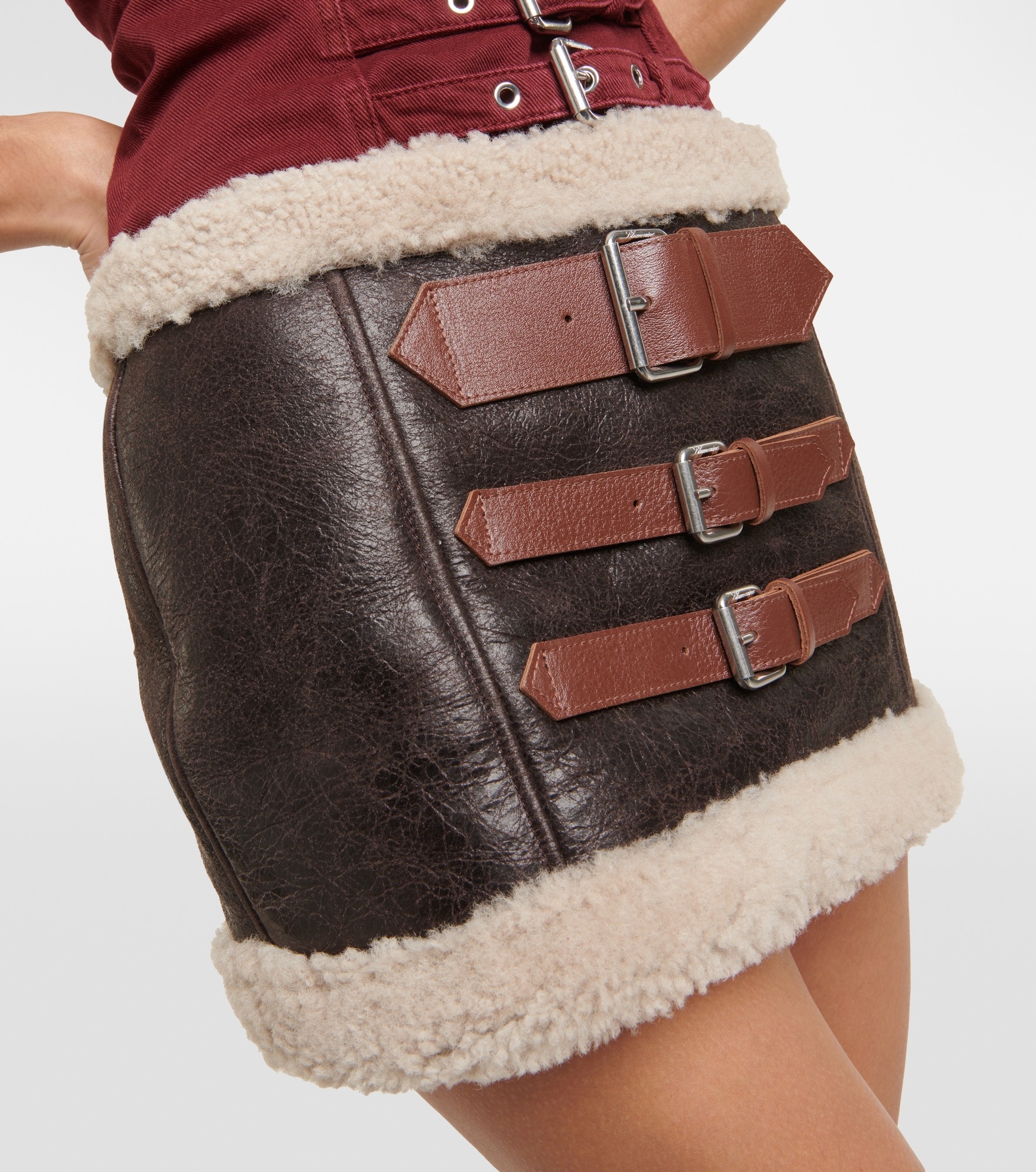 Shearling-trimmed leather miniskirt - 4