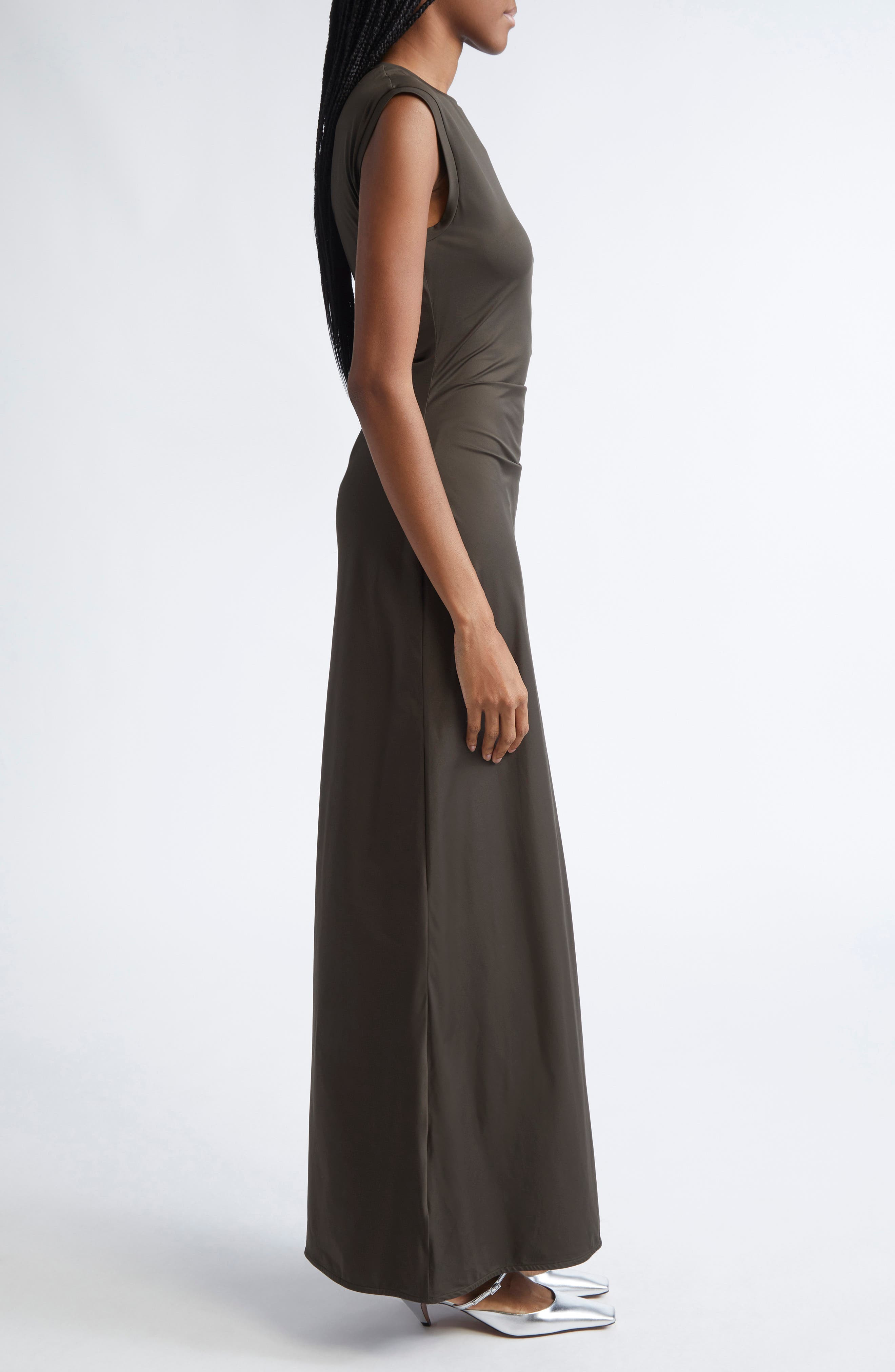 Stella McCartney Ruched Sleeveless Fluid Jersey Dress in Dark Khaki at Nordstrom - 3