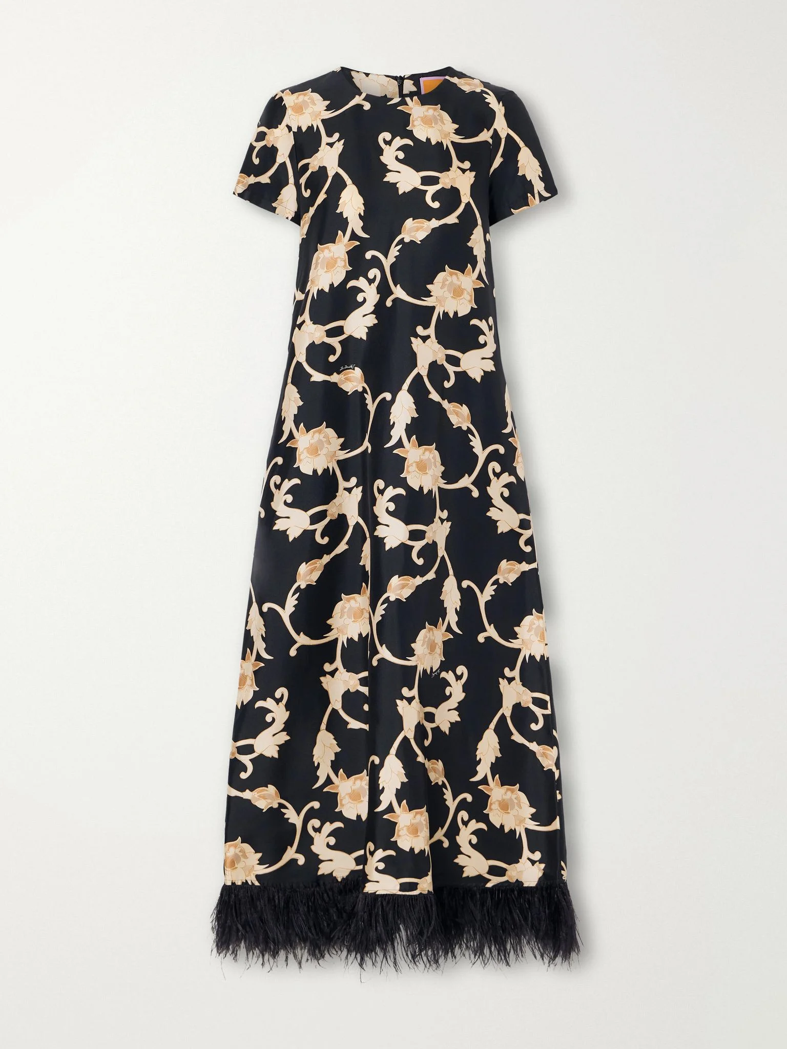 Swing floral-print feather-trimmed silk-satin maxi dress Black - 1