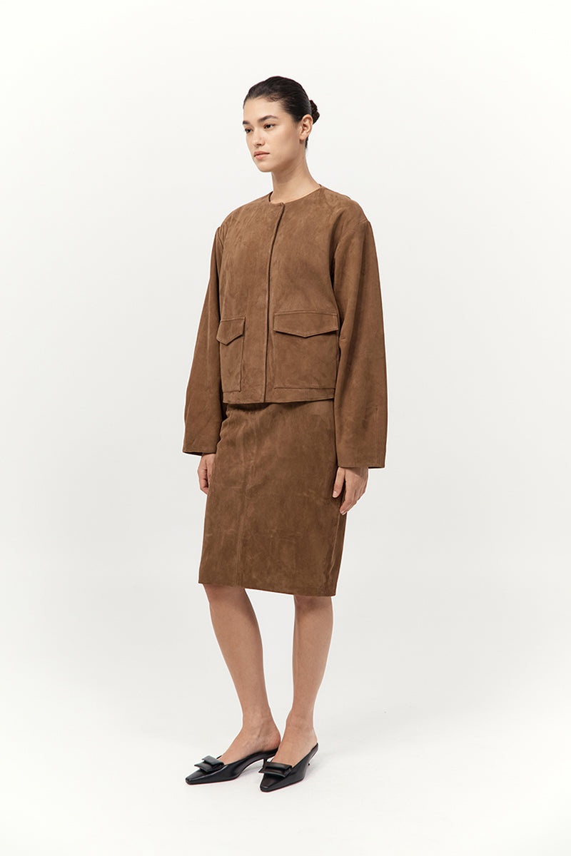 Suede Utility Cocoon Bomber - Toffee - 4