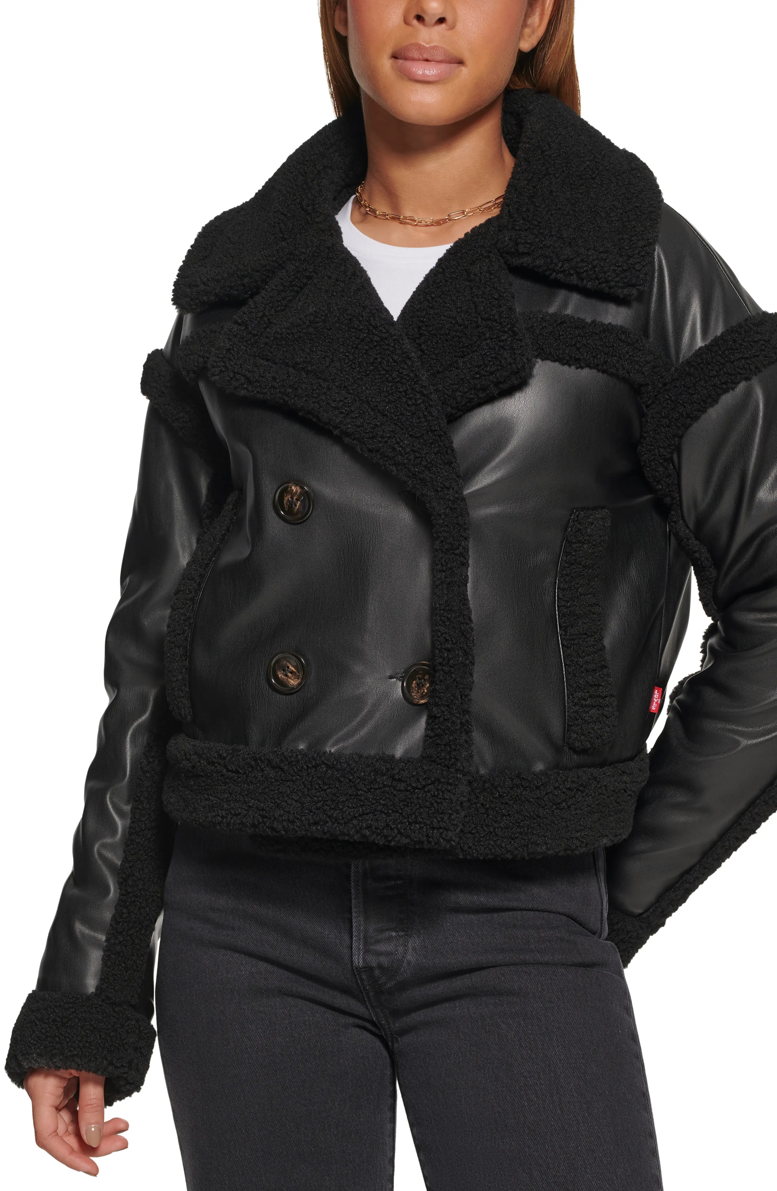 Shortie High Pile Fleece Trim Faux Leather Jacket - 1