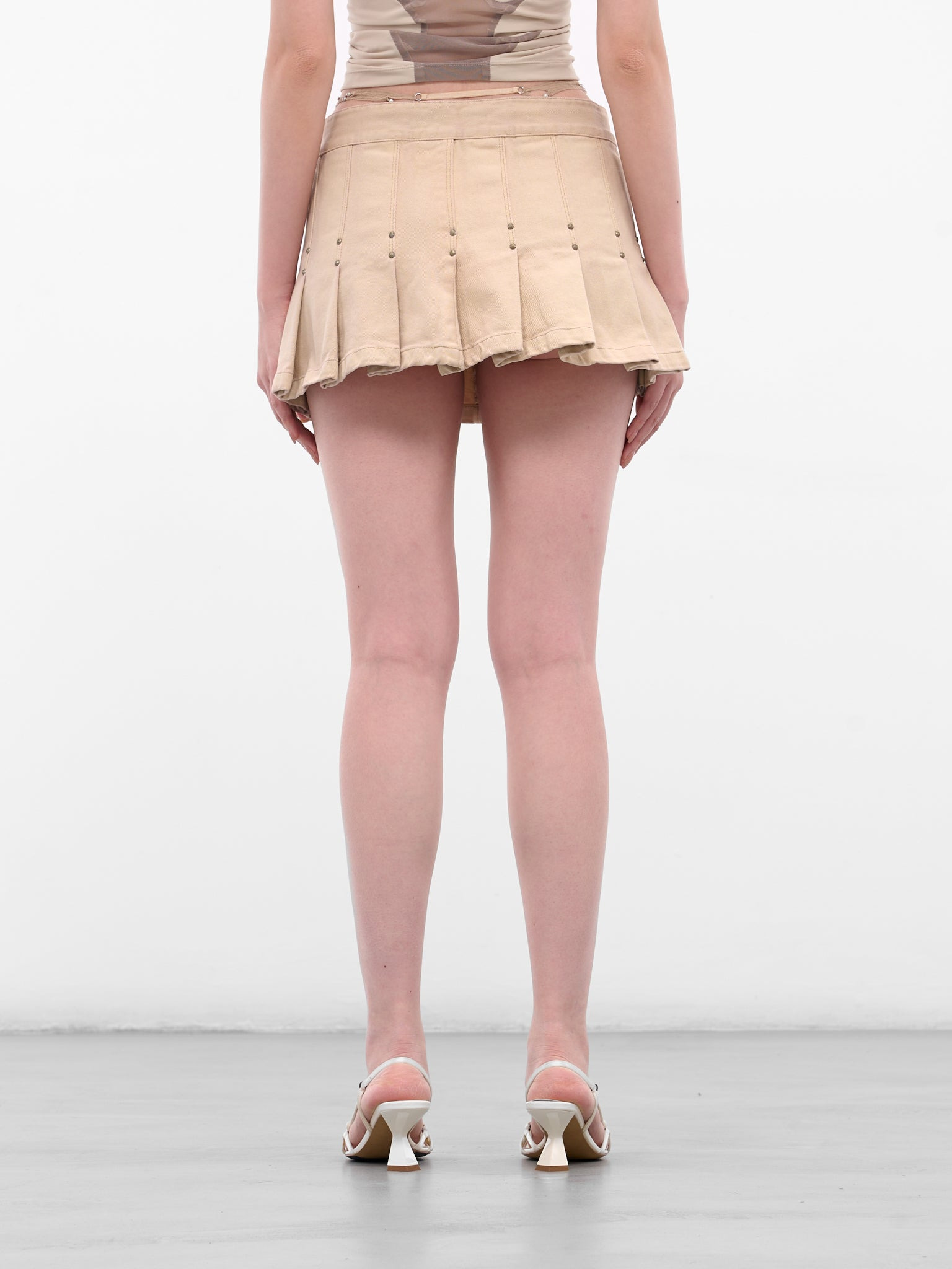 Beige G-String Pleated Mini Skirt - 3