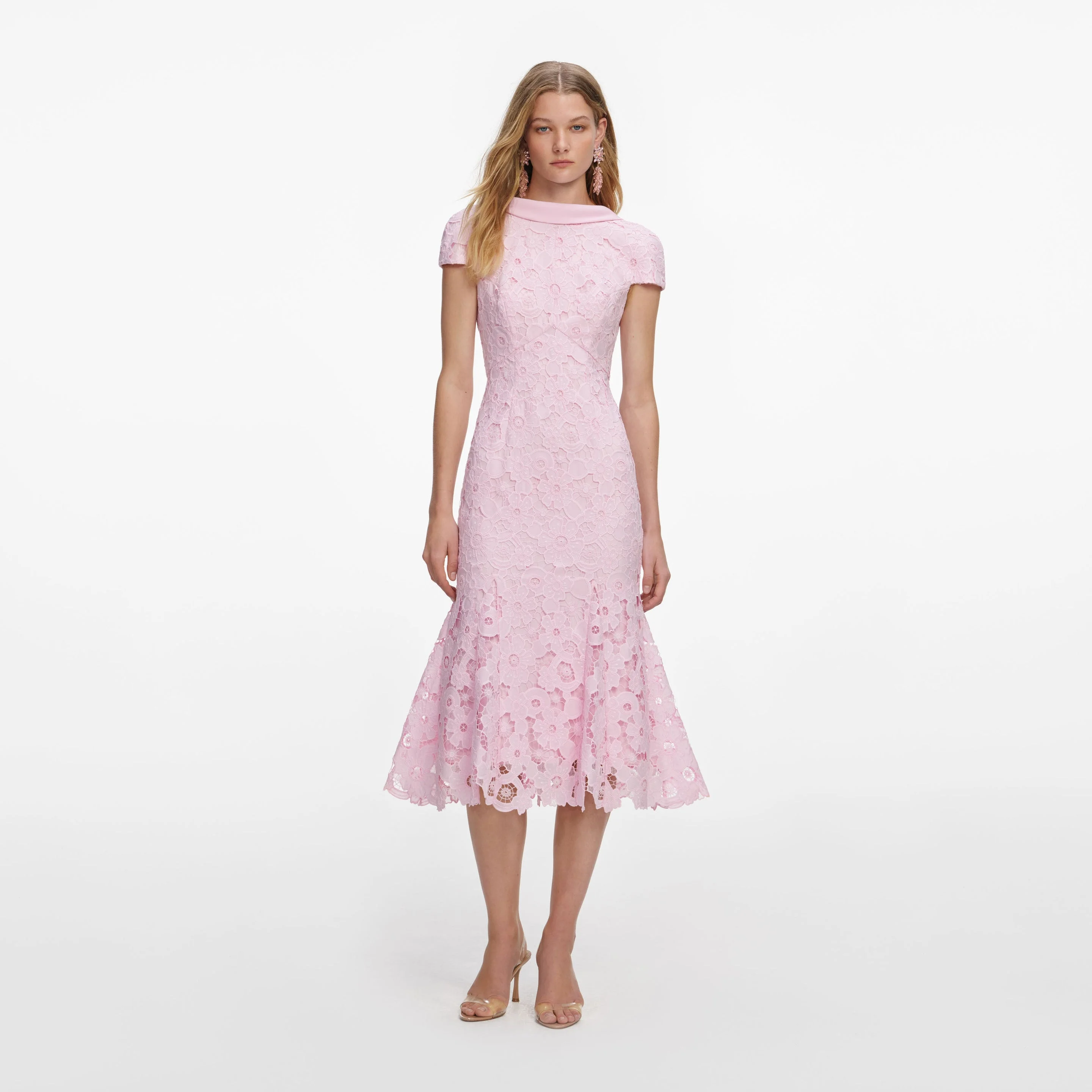 Pink Lace Scoop Back Midi Dress - 1