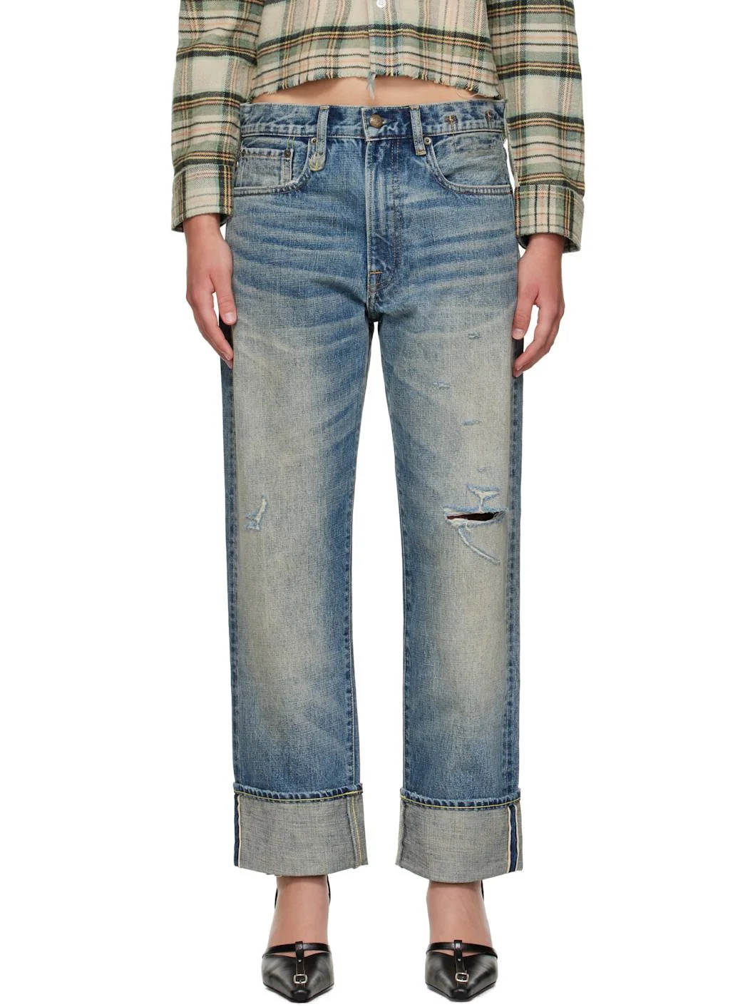 Blue Cuffed Boyfriend Jeans - 1