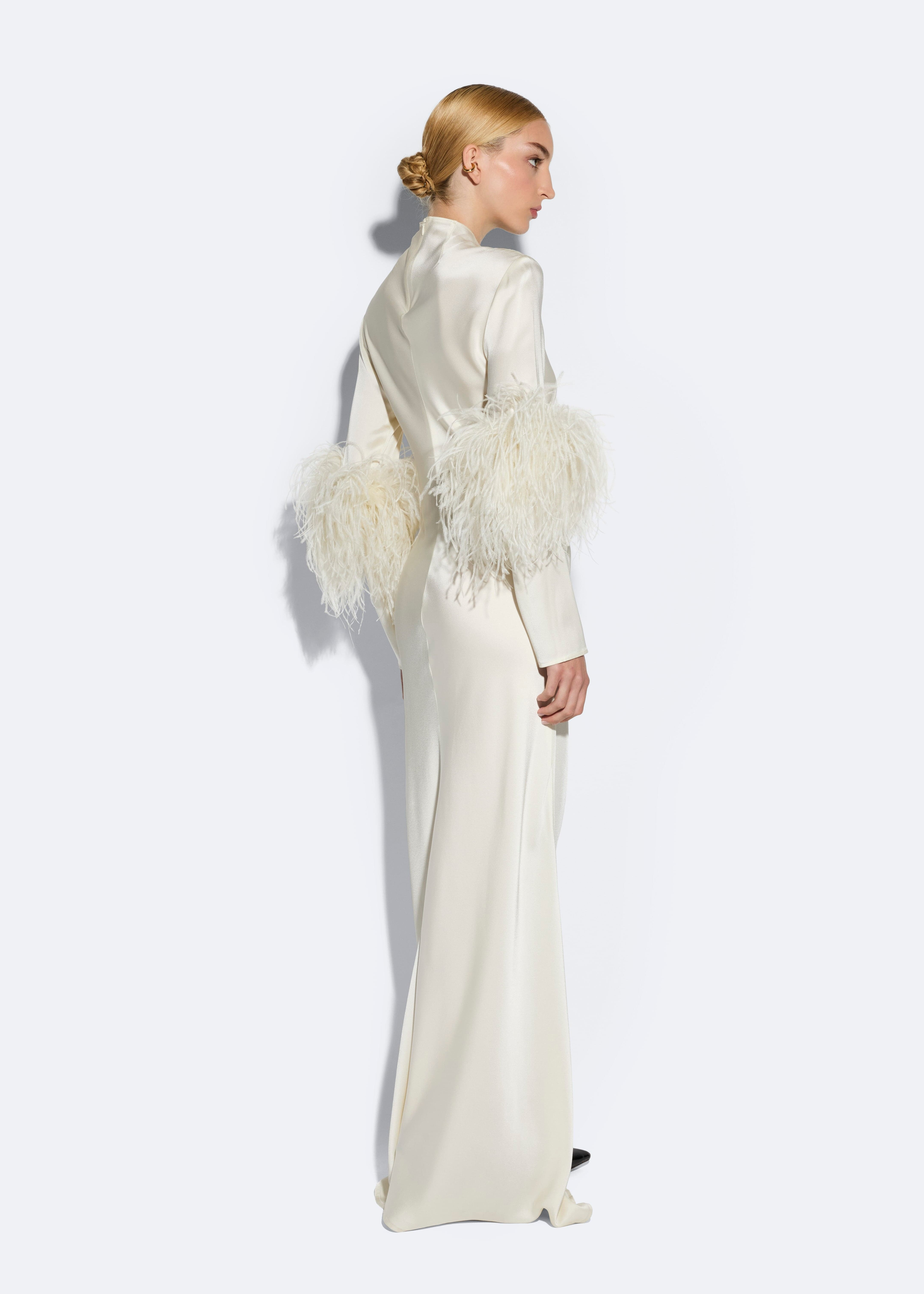 Satin Bias Feather Tab Gown With Slit - 4