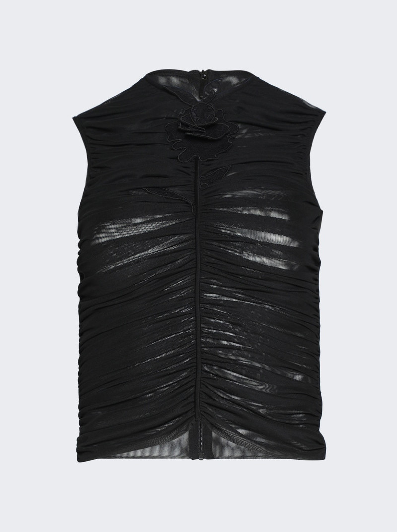 Lace Rose Embroidery Detail Ruched Top Black 1