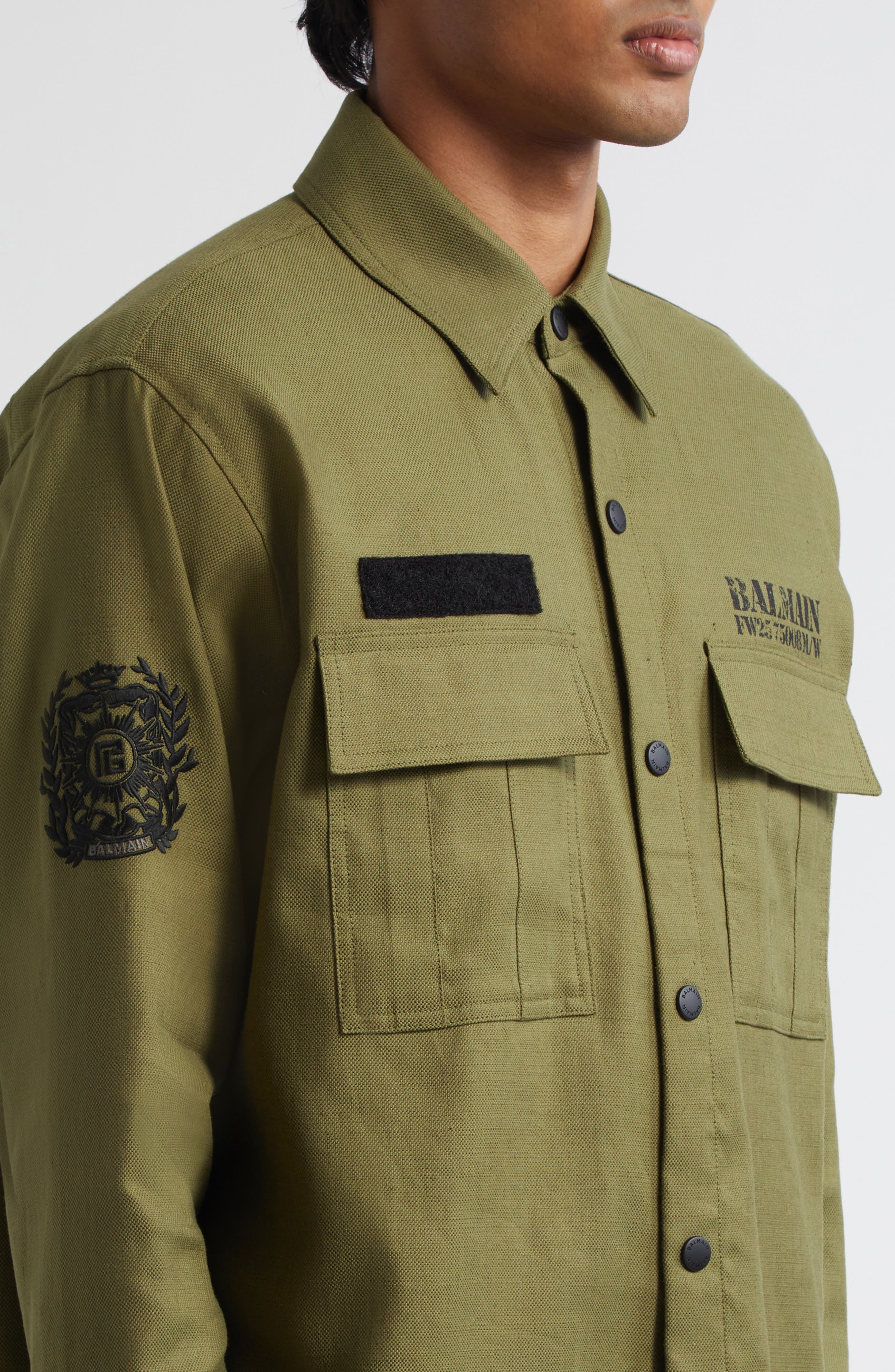 Balmain Small Logo Stamp Canvas Snap-Up Shirt in 7Cw Kaki at Nordstrom - 5