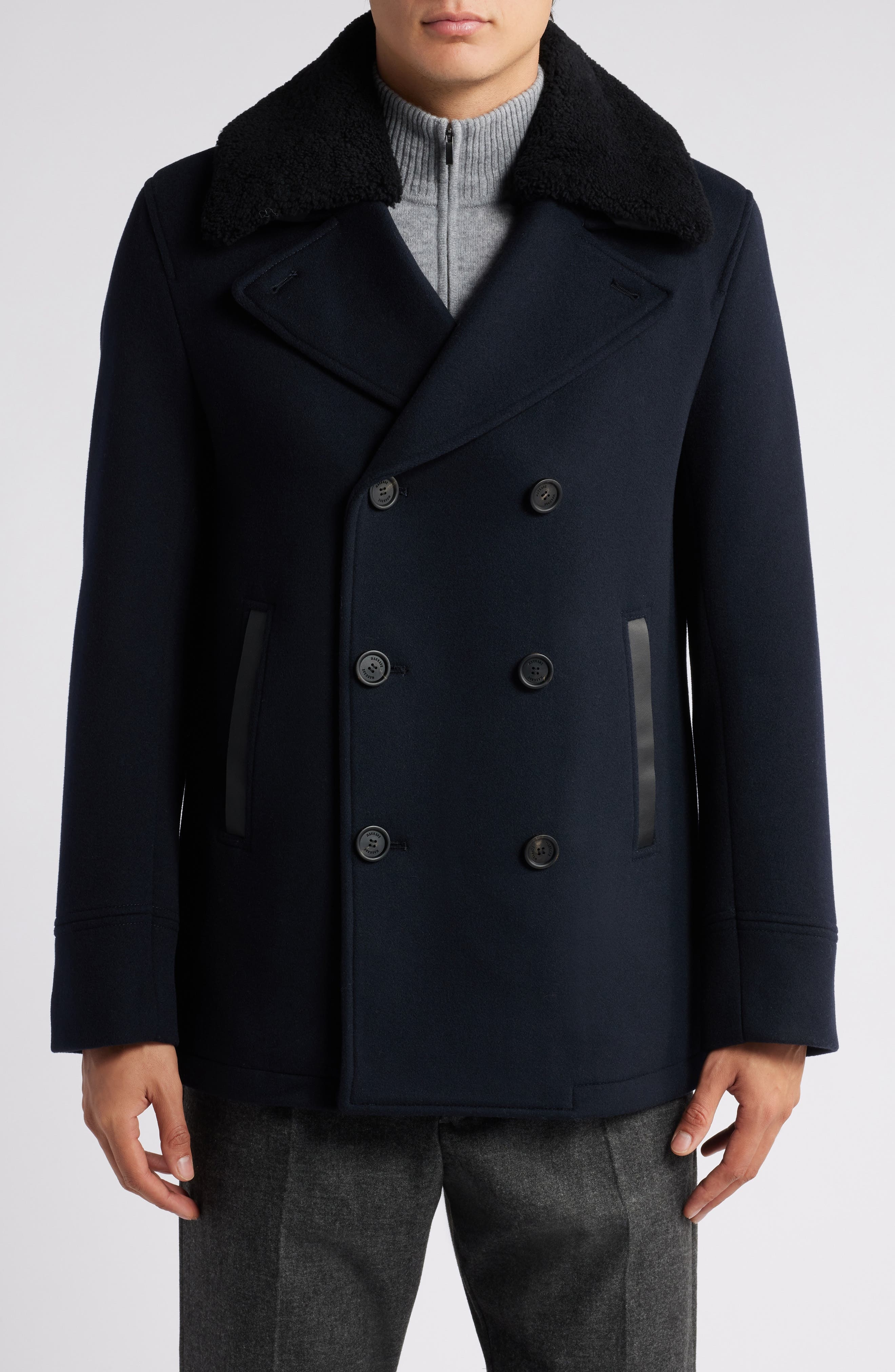 Mackage Cole Wool Peacoat with Genuine Shearling Collar in Navy at Nordstrom - 4