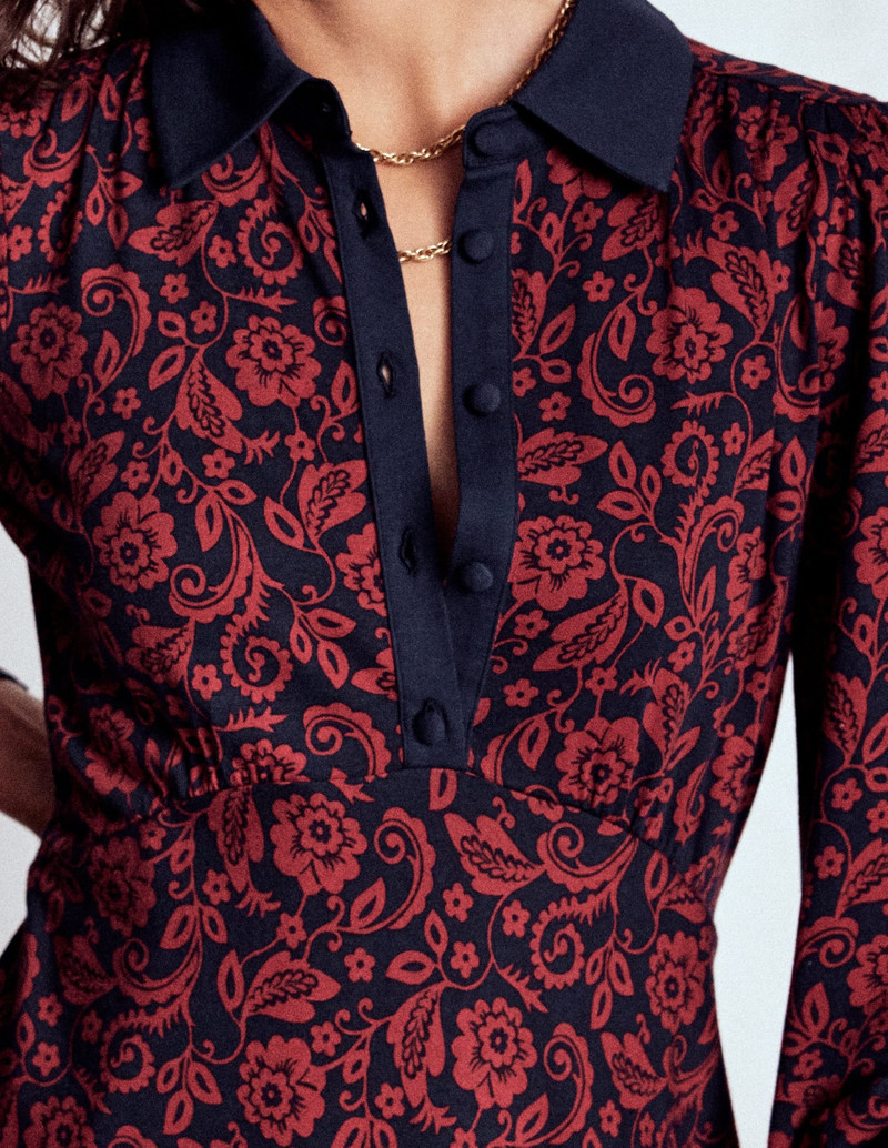 Empire Waistline Shirt Dress-Red, Ornate Flora 3