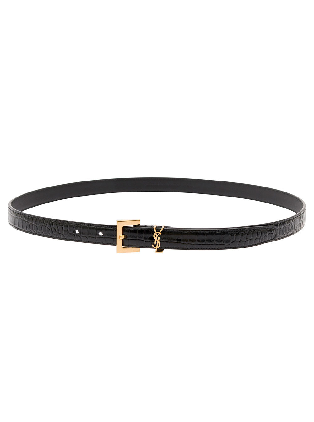 Saint Laurent Women Black Thin Belt With Square Buckle And Cassandre In Crocodile-Embossed Leather W - 1
