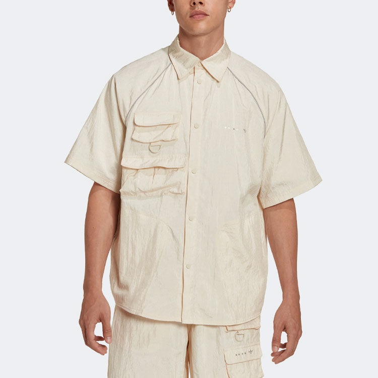 Men's adidas originals Solid Color Single Breasted Short Sleeve Beige Shirt HK2734 - 2