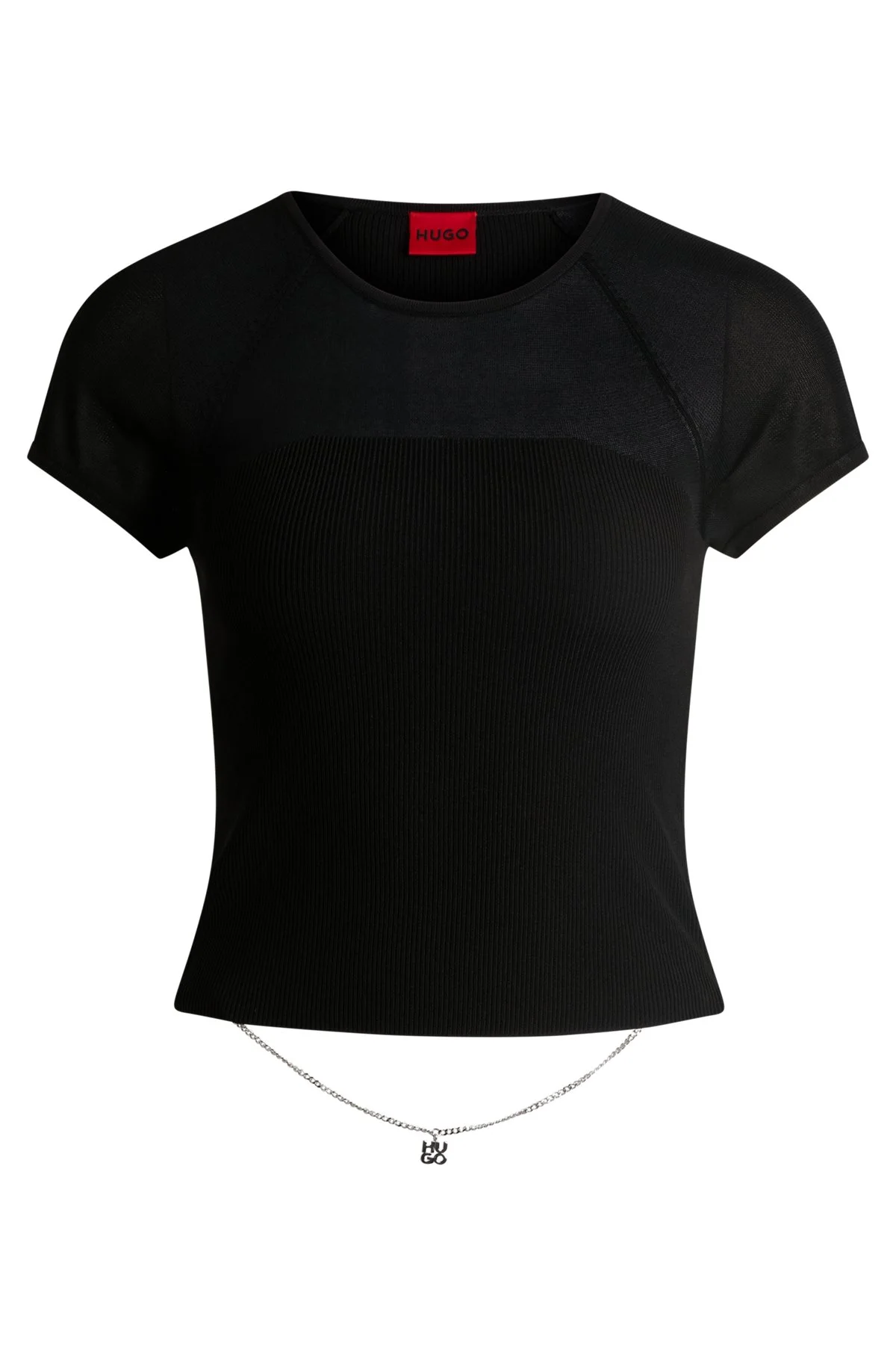 RIB-KNIT TOP WITH SHEER PANELS AND LOGO CHAIN - 1