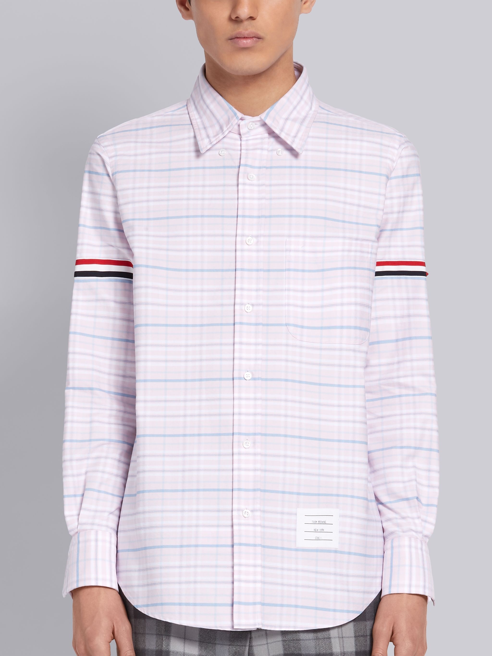 Pink Tricolor Cotton Oxford Check Grosgrain Armband Long Sleeve Shirt - 3