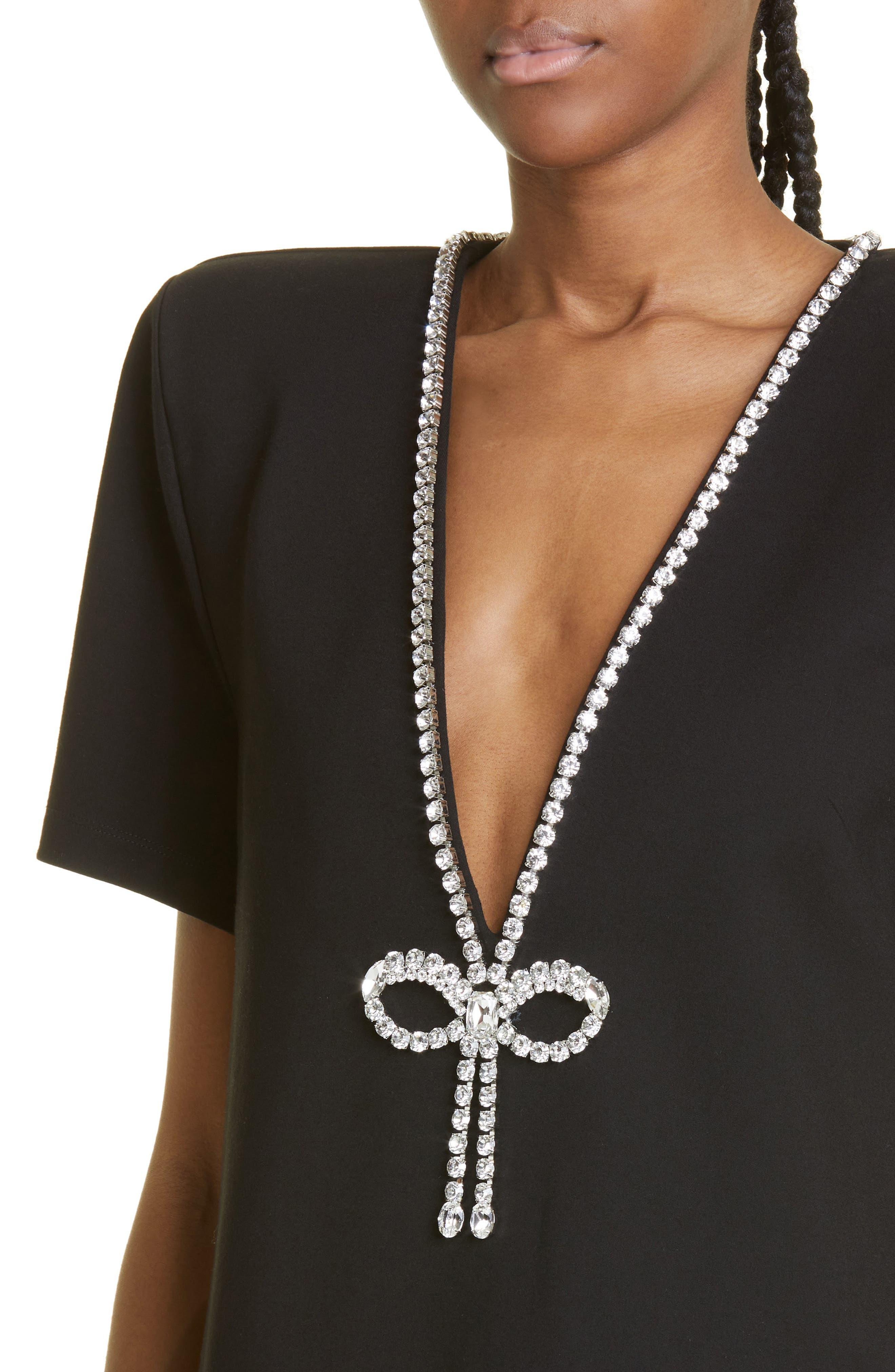 Area Crystal Bow V-Neck Ponte Knit T-Shirt Minidress in Black at Nordstrom - 4