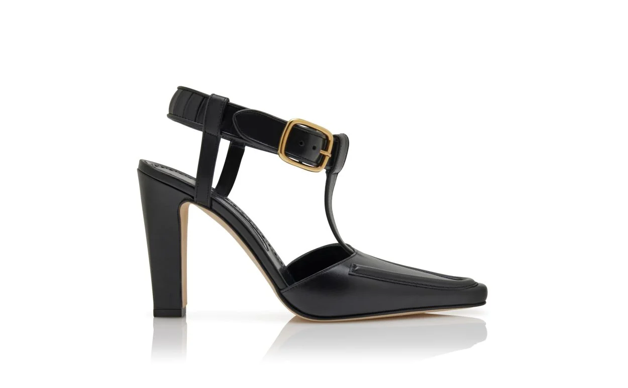 Black Calf Leather T-Bar Pumps - 1
