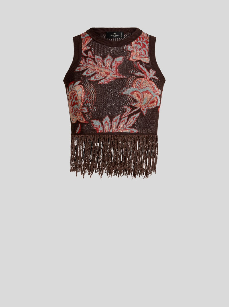 CROP TOP IN COTTON-BLEND JACQUARD WITH FRINGING AND FLORAL MOTIF 1