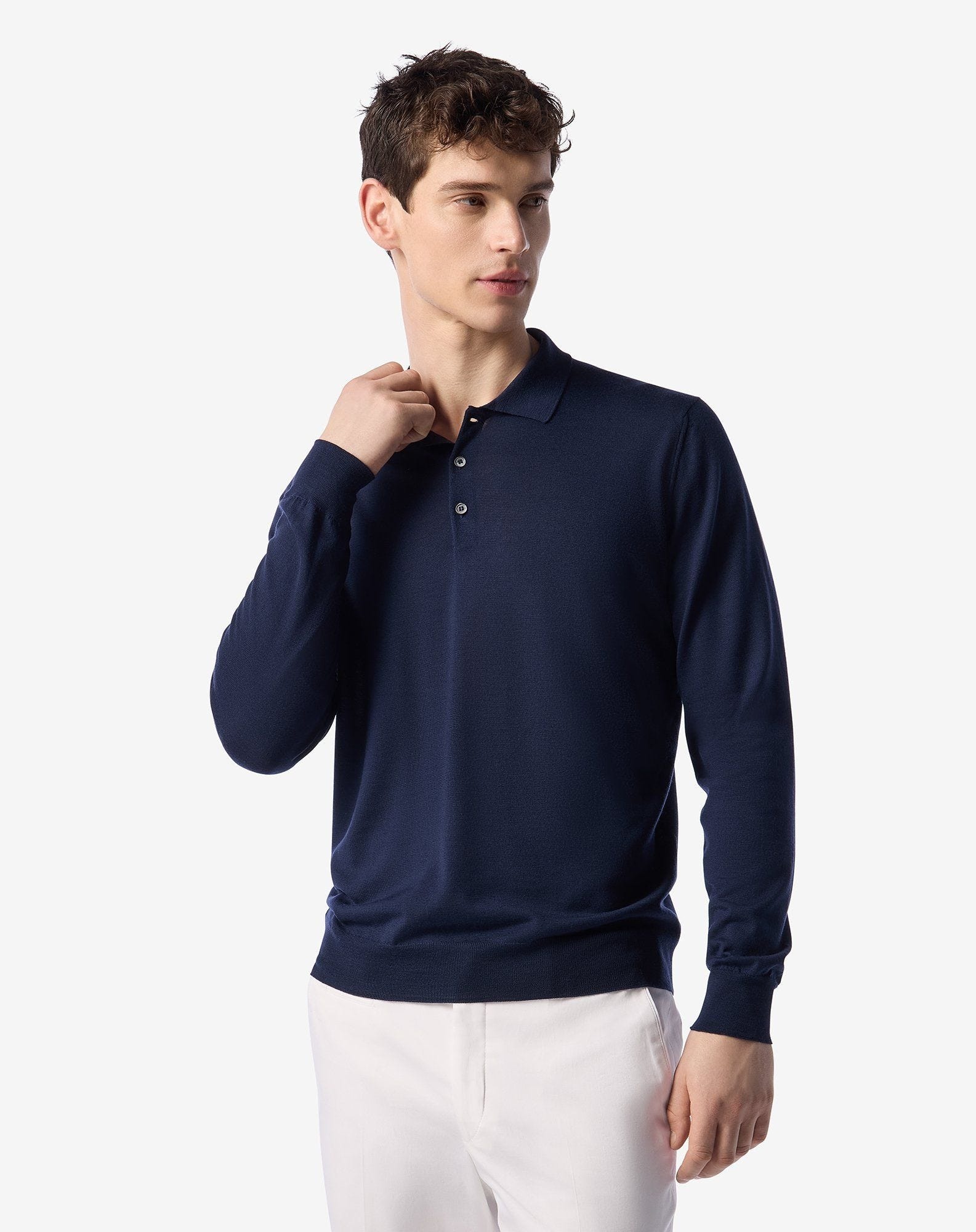 Pale blue ultra fine wool button-up polo - 2