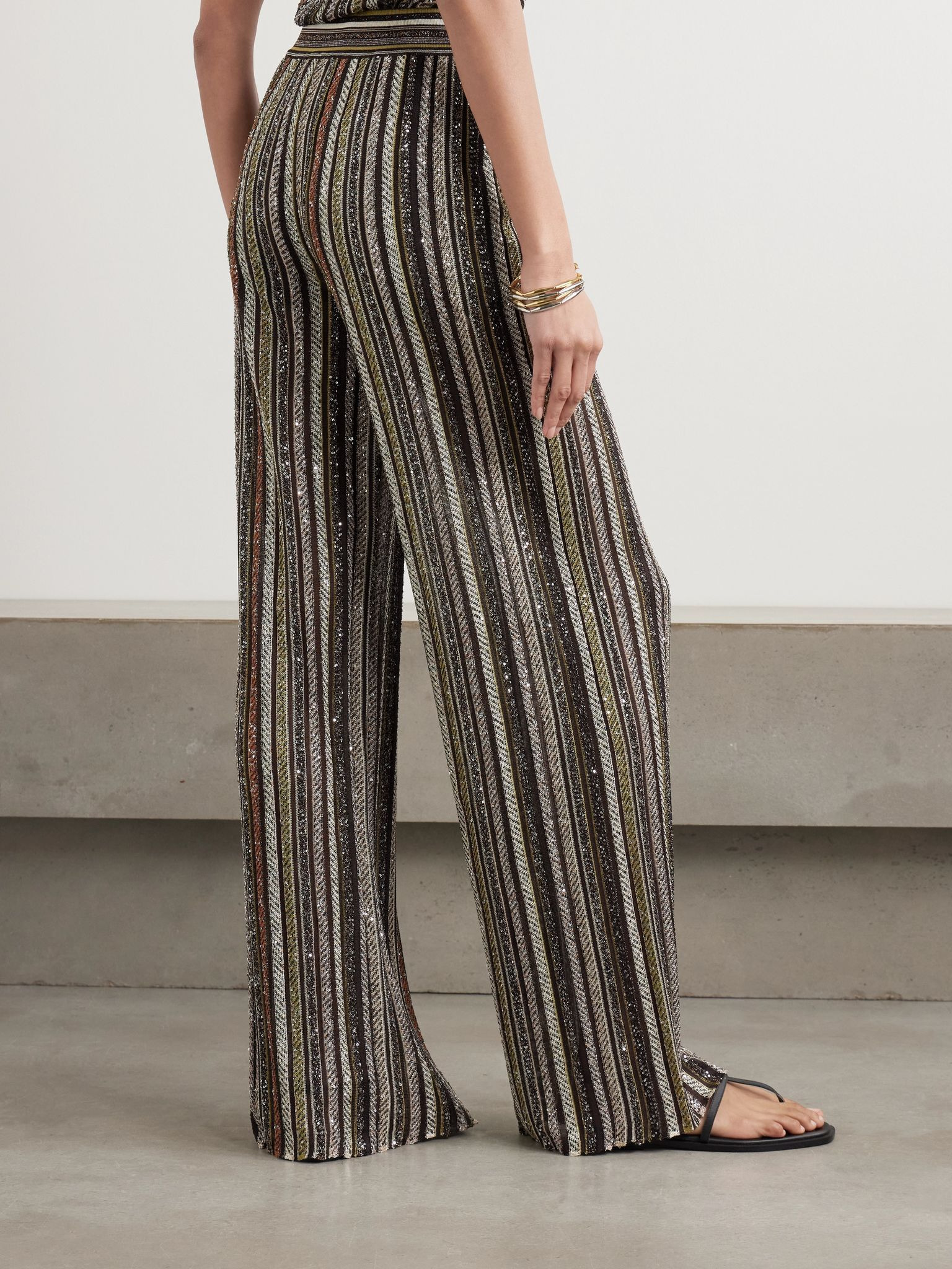 Sequin-embellished striped metallic crochet-knit wide-leg pants Metallic - 3