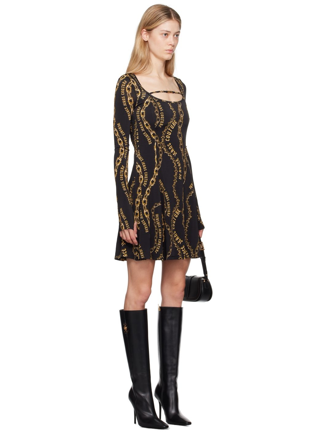 Black & Gold Chain Couture Flared Minidress - 2