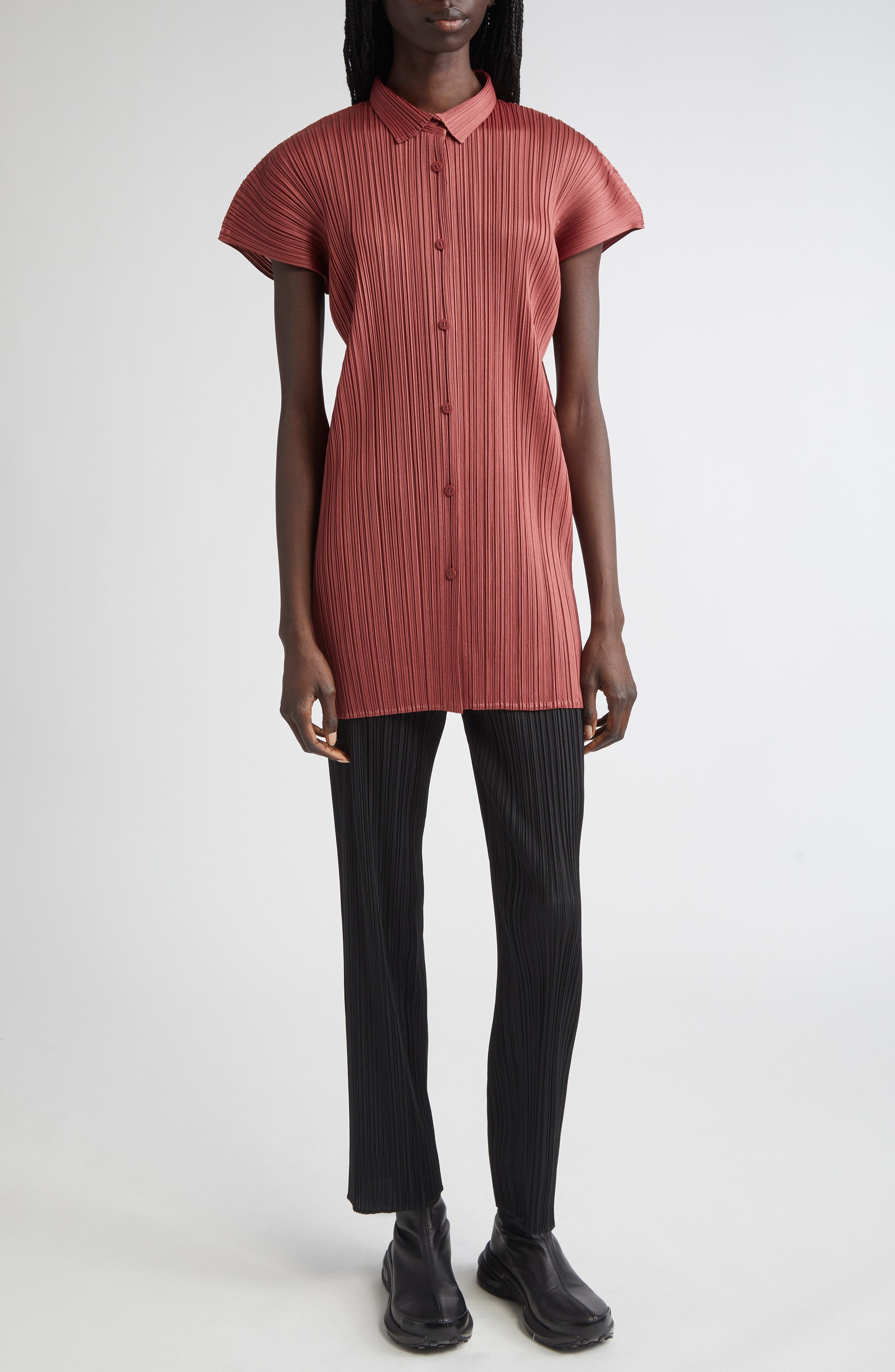 Pleats Please Issey Miyake Monthly Colors May Pleated Short Sleeve Shirtdress in Terracotta at Nords - 2