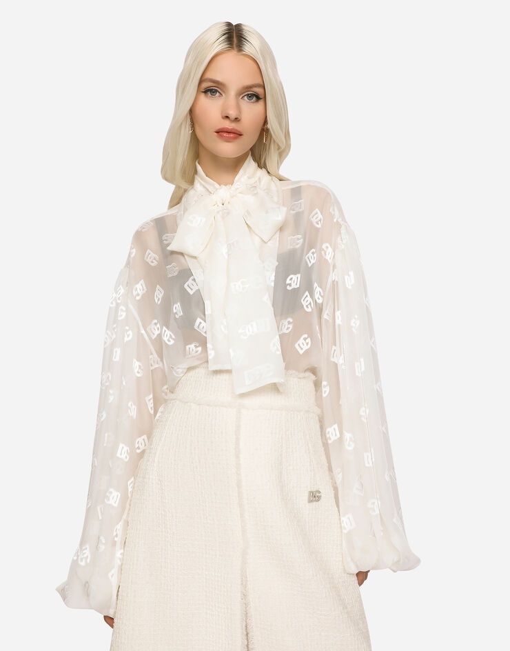 Devoré satin pussy-bow shirt with all-over DG logo - 4
