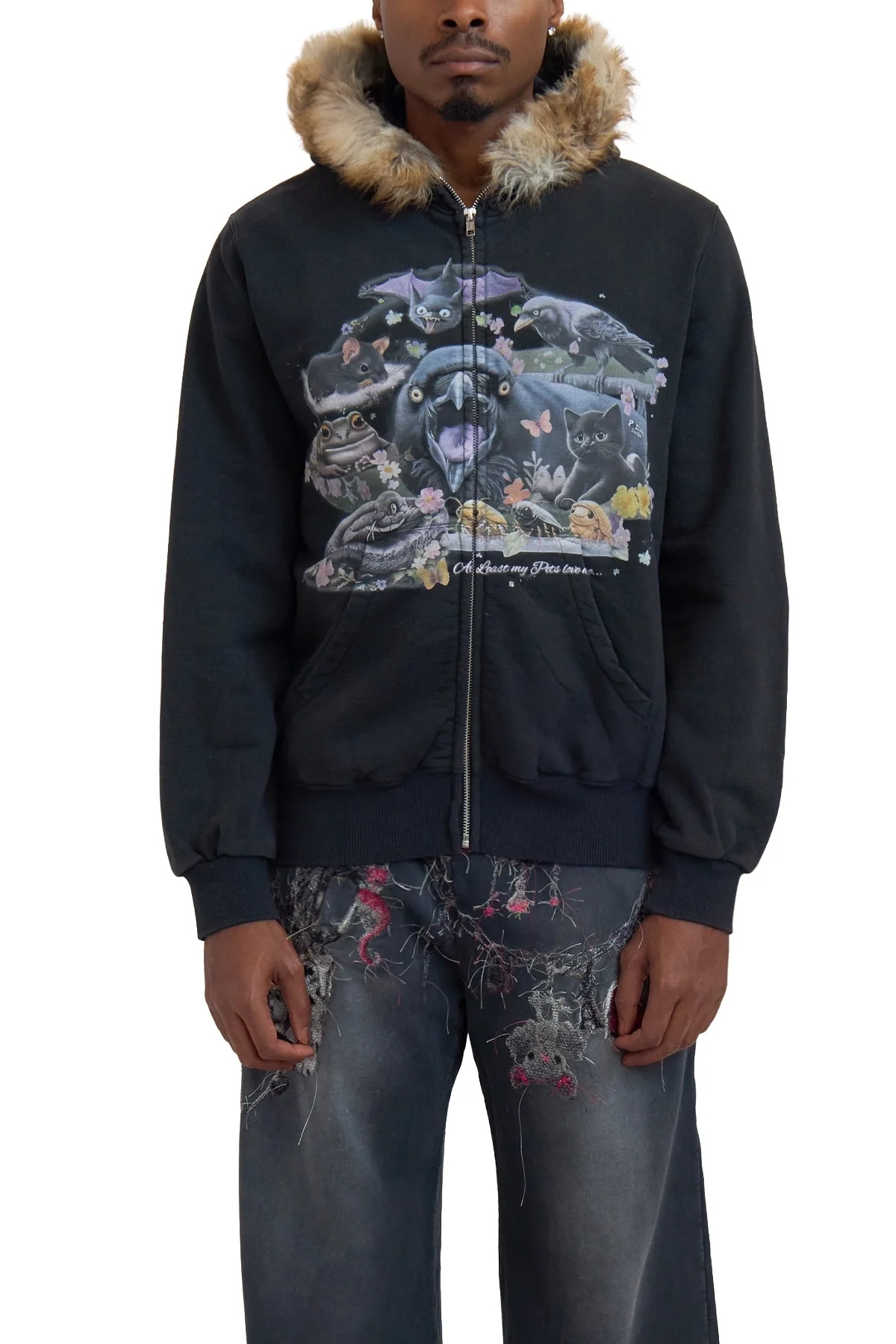 Doublet Furry Collar Zip-Up Hoodie Black - 3