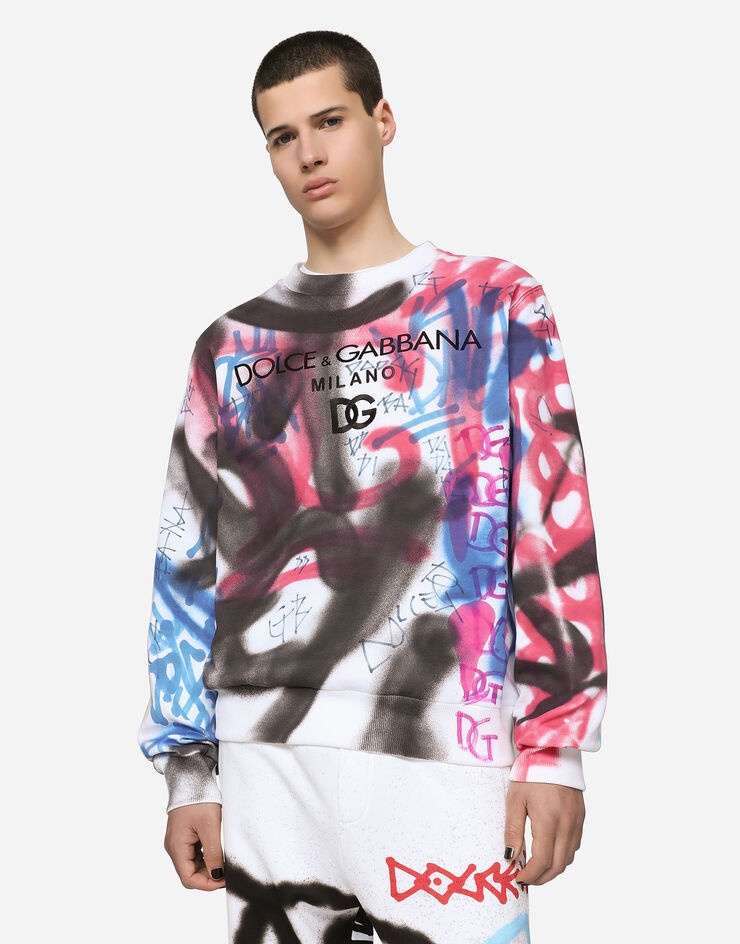 Embroidered jersey sweatshirt with spray-paint graffiti print - 1